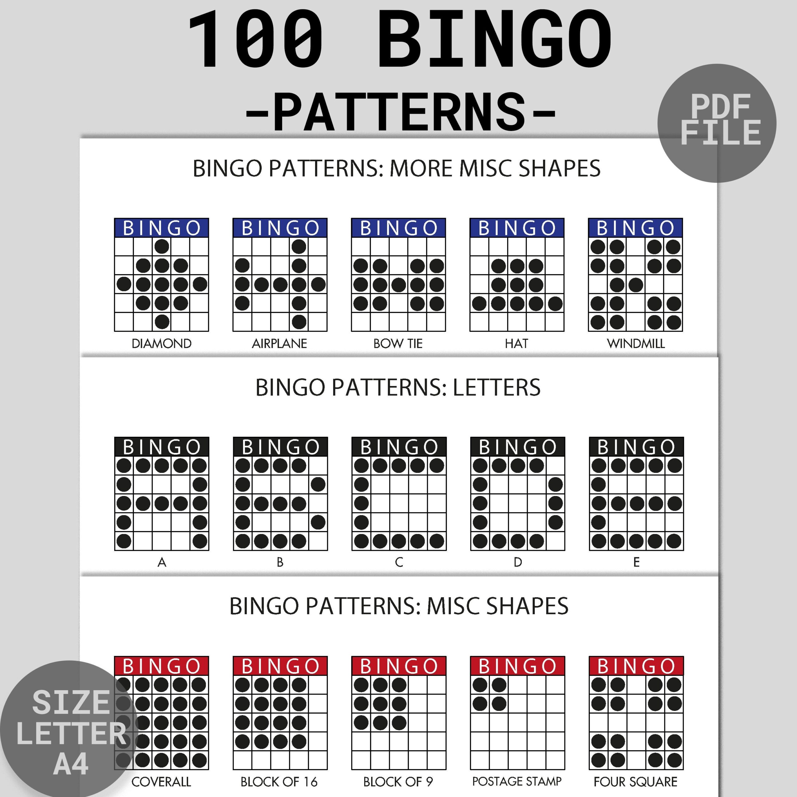100 Bingo Patterns Printable Fun Bingo Party Game Bingo Winning Patterns Bingo Alphabet Numbers Signs Shapes PDF Download Etsy