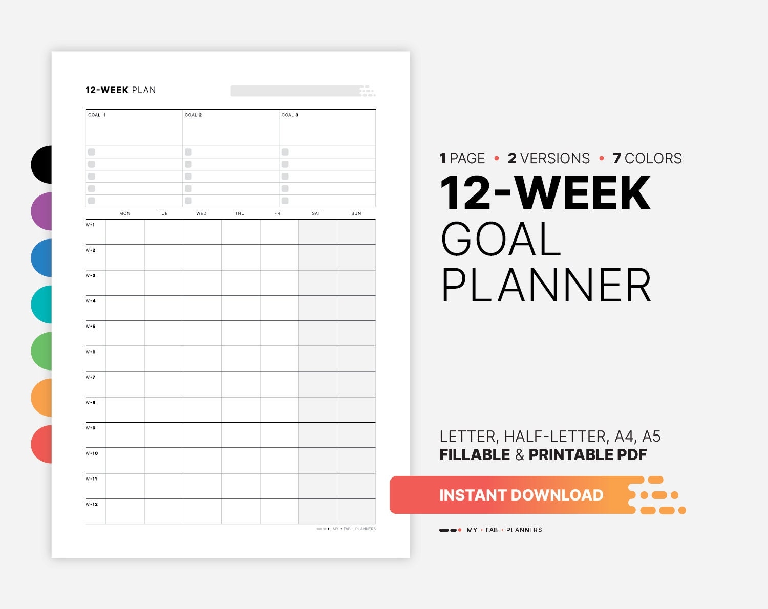 12 week Goal Planner Fillable Productivity Tracker PDF Template Etsy