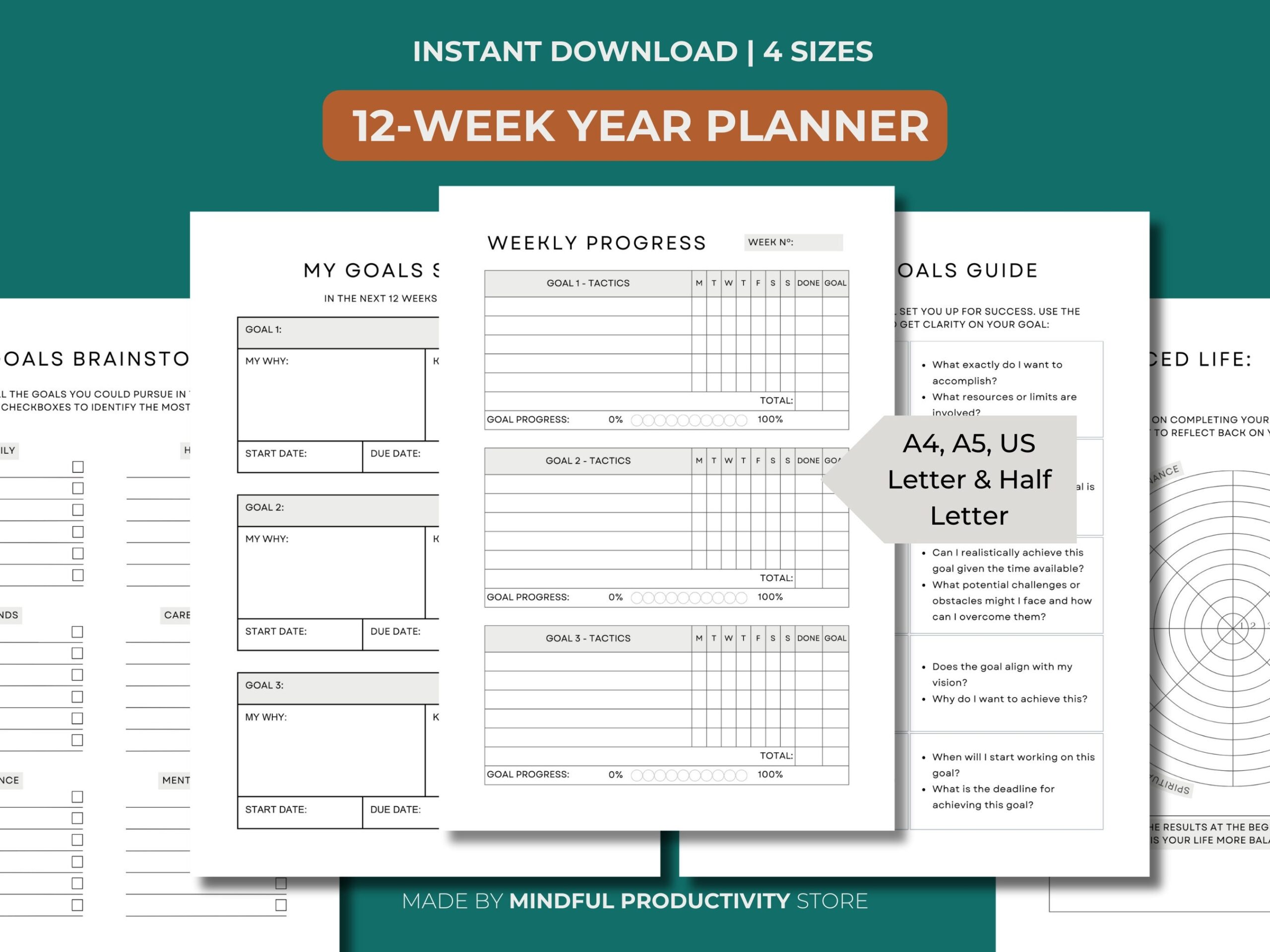 12 week Year Planner Printable Goal Setting A5 a4 letter Sizes digital Download Etsy