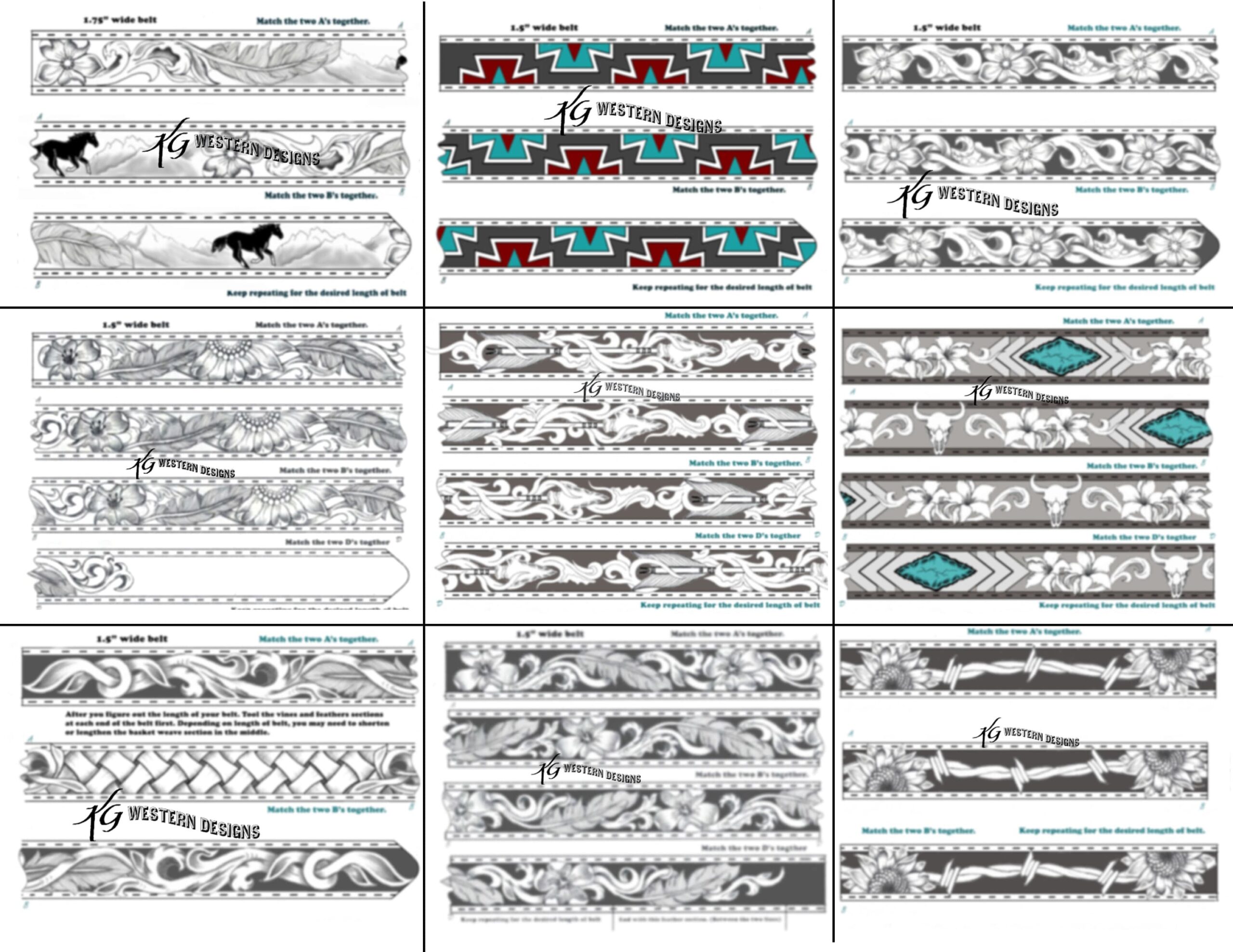 15 Pack Belt Patterns PDF Western Tooling Sunflowers Feathers Scrolls Cowskulls Flowers Barbwire Pattern Designs Download Etsy Israel