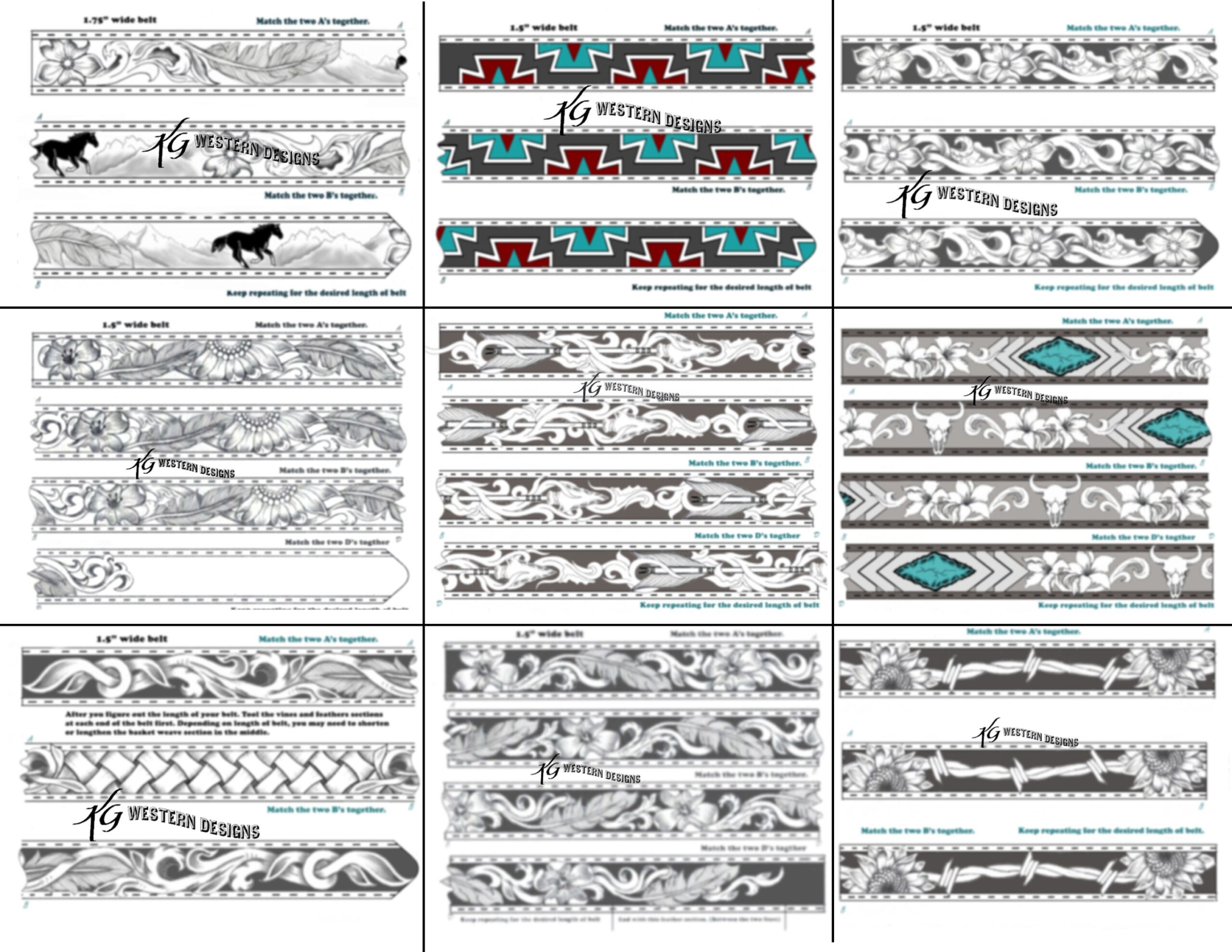 15 Pack Belt Patterns PDF Western Tooling Sunflowers Feathers Scrolls Cowskulls Flowers Barbwire Pattern Designs Download Etsy Israel