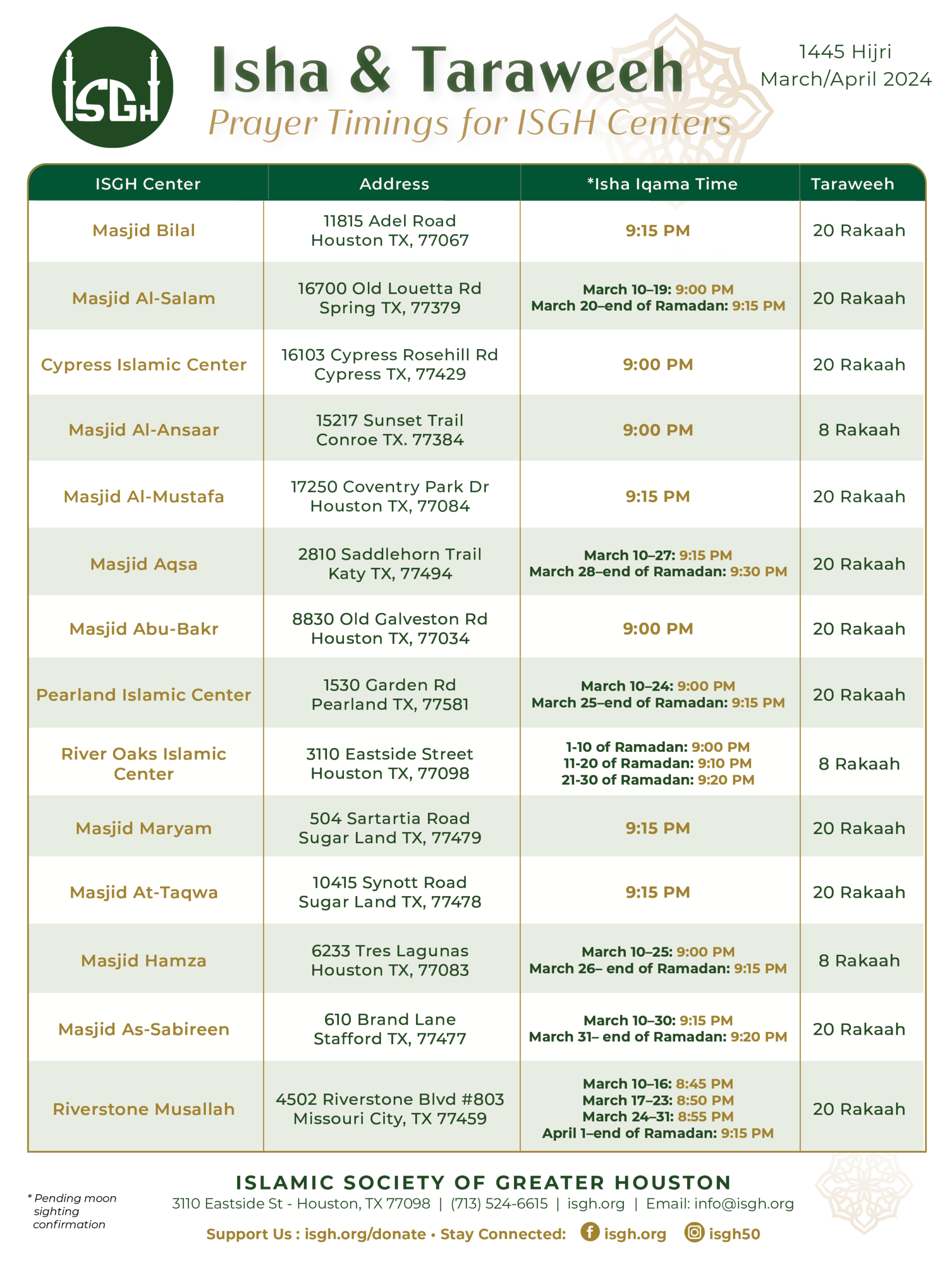 2024 Isha Taraweeh Prayer Timings For ISGH Centers Islamic Society Greater Houston