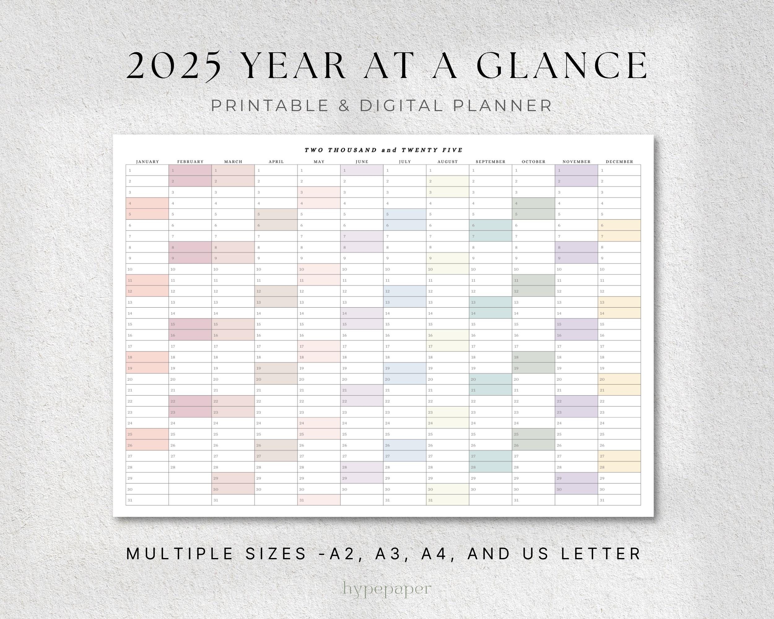 2025 Year At A Glance Wall Planner Printable Landscape Calendar PDF Download Etsy Israel