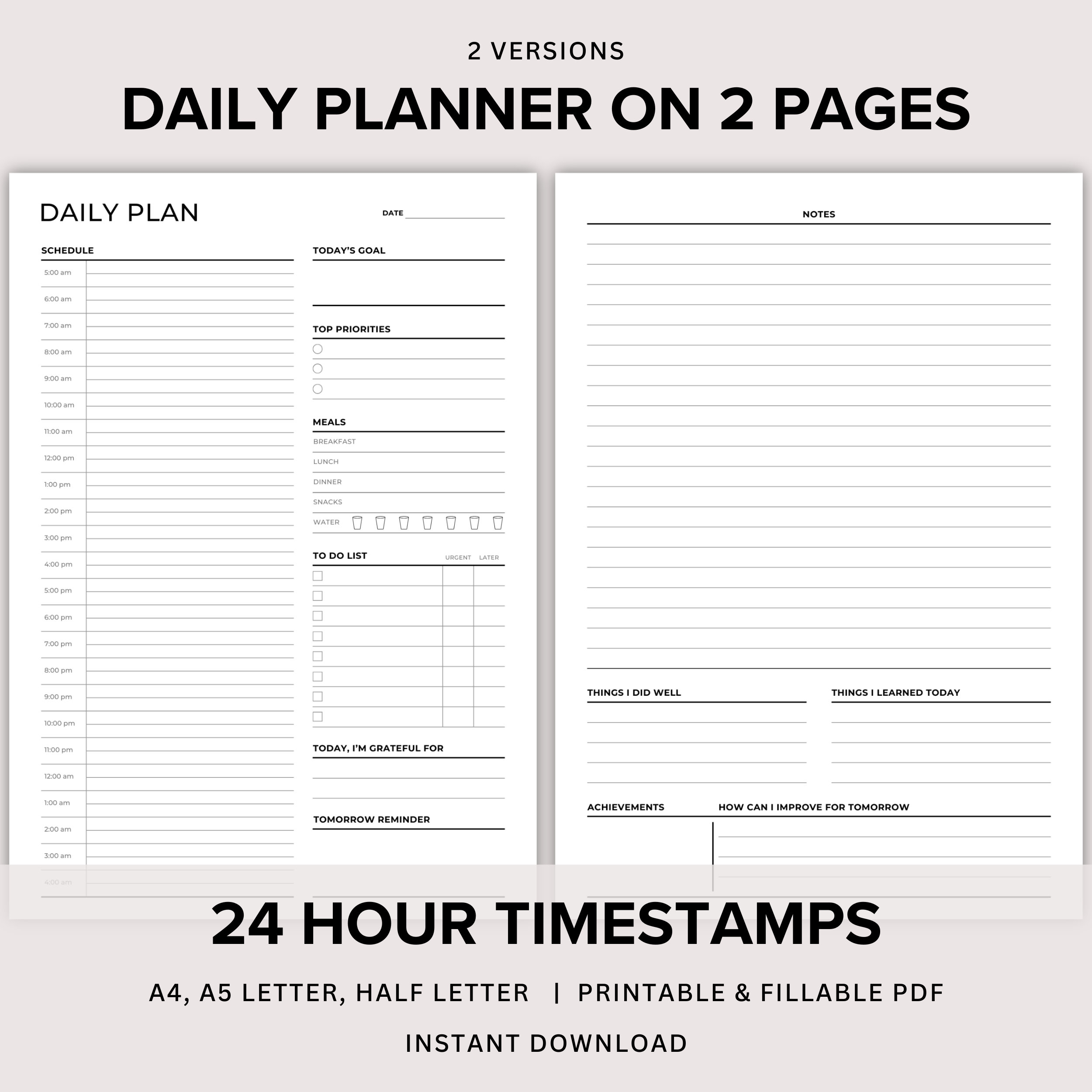24 Hour Daily Planner Printable Daily Plan On 2 Pages Day On 2 Page 2 Page Per Day Planner Time Blocking Template Day Schedule PDF Etsy