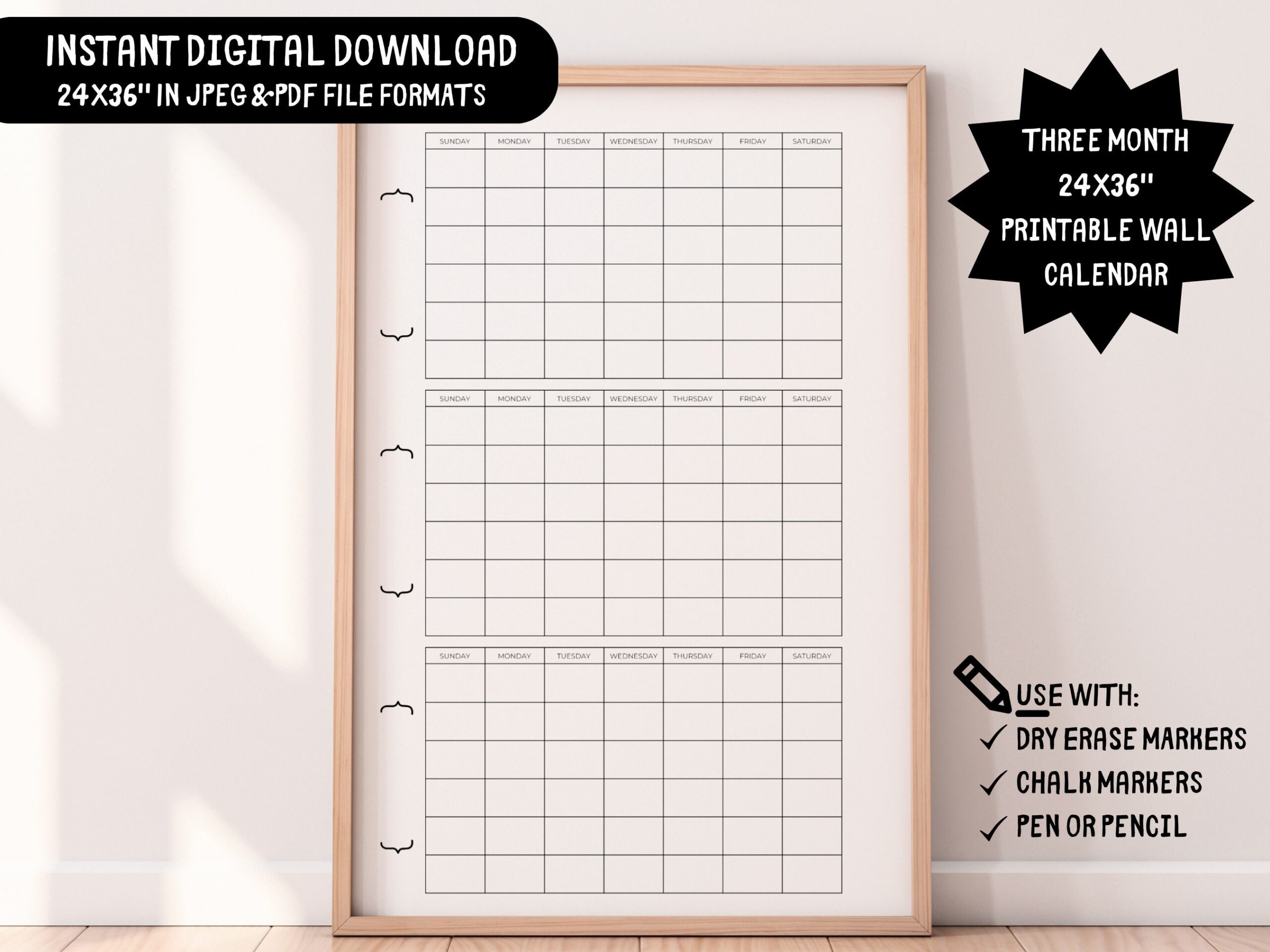 3 Month XL Wall Calendar planner home office giant huge family Command Center quarterly dry Erase organization four Month Plan summer Fall Etsy