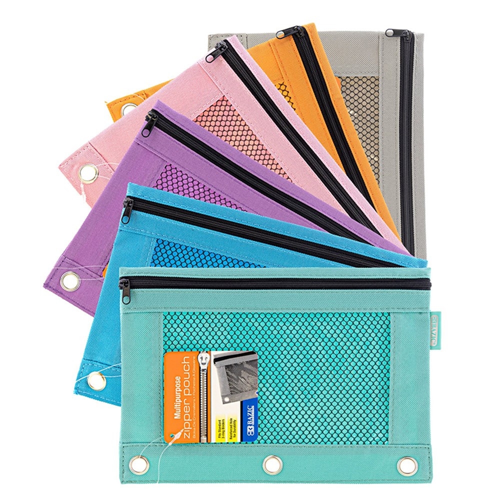 3 Ring Pencil Pouch With Mesh Window Retro Pastel Colors 1 Pouch BAZ810 Bazic Products Pencils Accessories