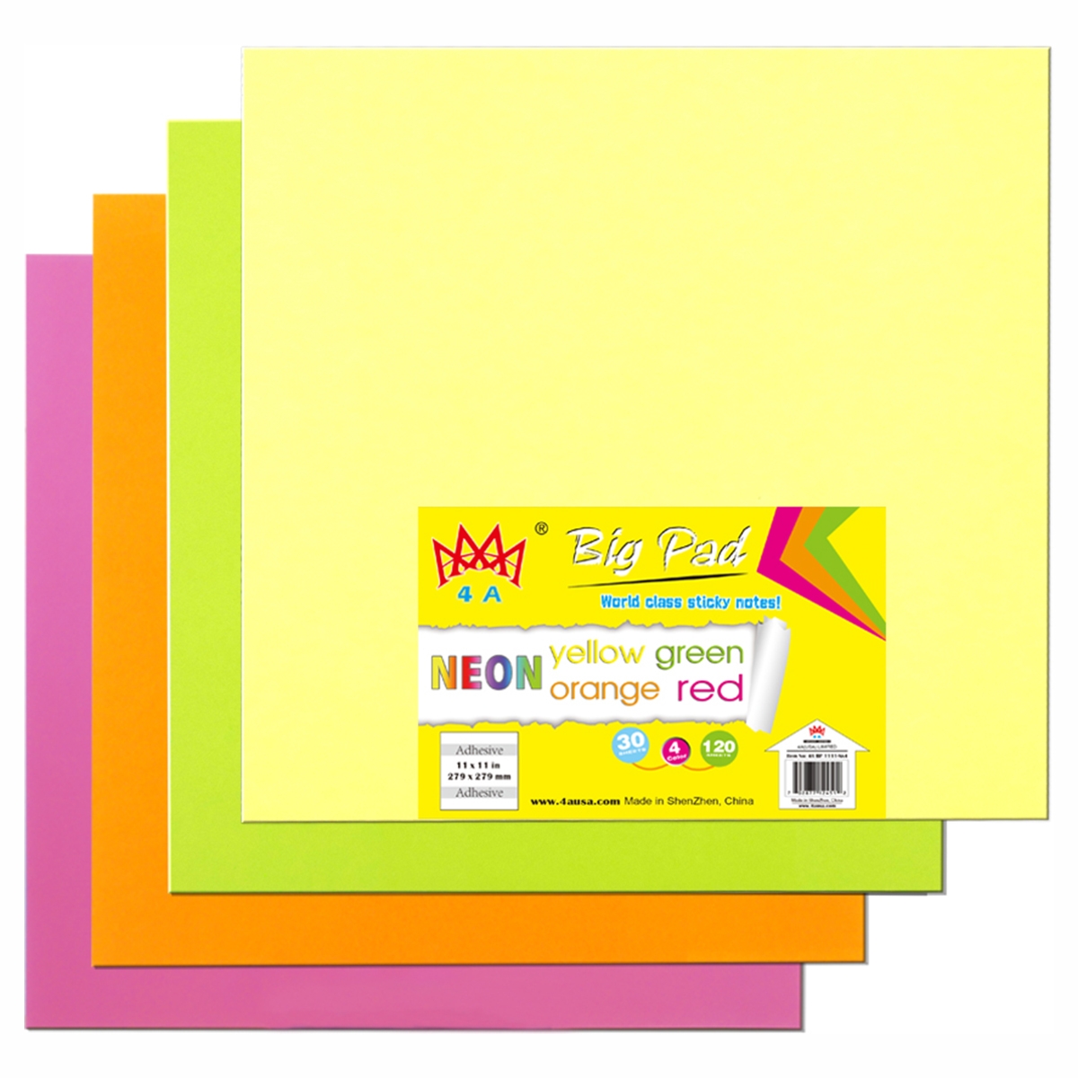 4A Sticky Big Pad 11 X 11 In Large Size Neon Yellow Orange Red And Green Self Stick Notes 30 Sheets Pad 4 Pad Pack 4A BP 1111 Nx4 High Quality Sticky Notes By 4A