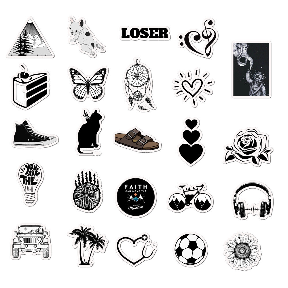 50pcs Cute Black White Sticker Pack For Water Bottle Laptop Journal Scrapbook EBay