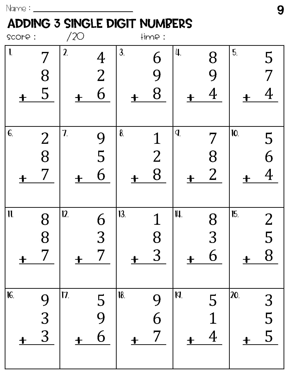 Adding 3 Single Digit Numbers Worksheets Math Timed Test Addition Etsy