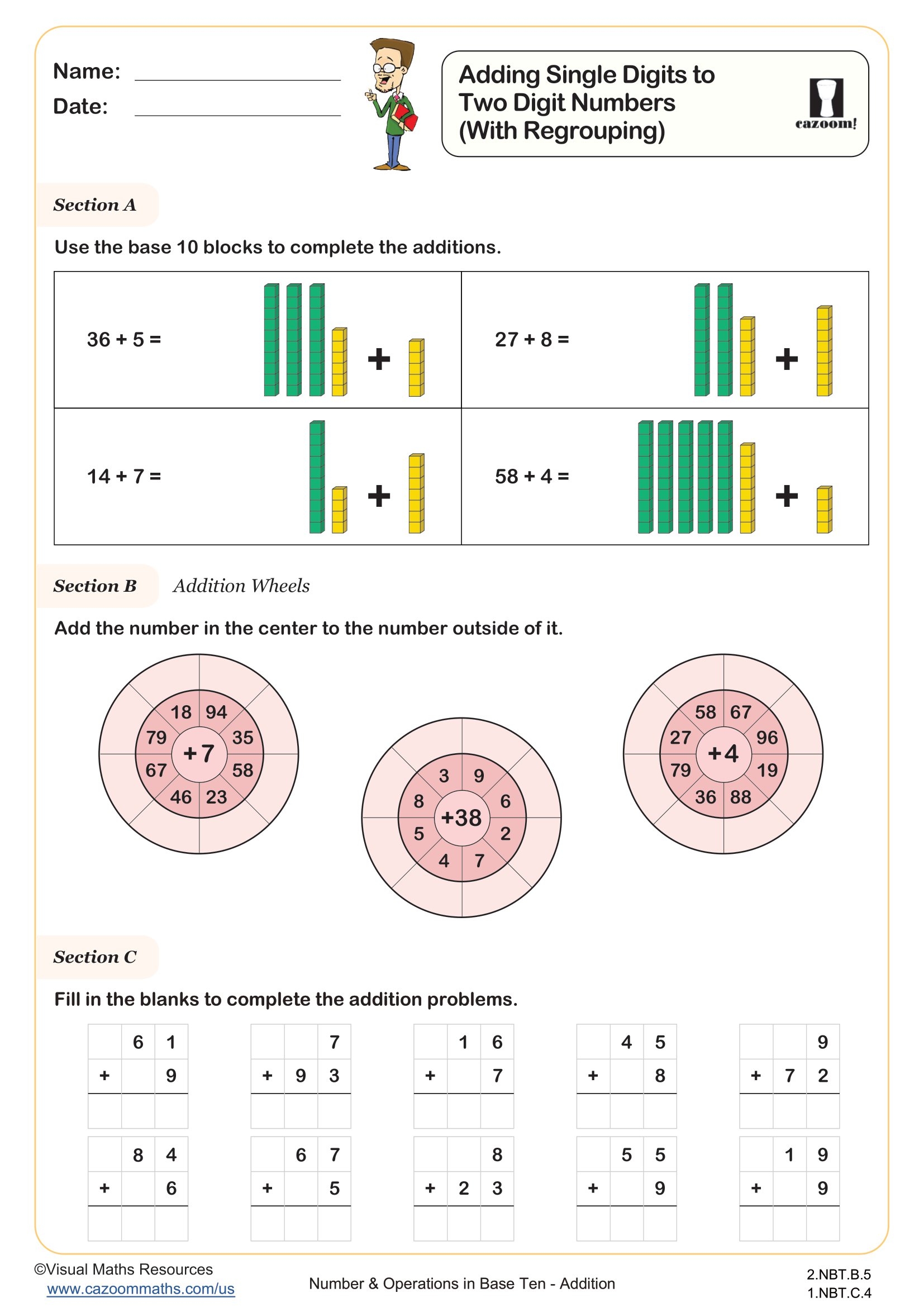 Adding Single Digits To Two Digit Numbers With Regrouping Worksheet Printable 1st And 2nd Grade Number Worksheet Cazoom Math