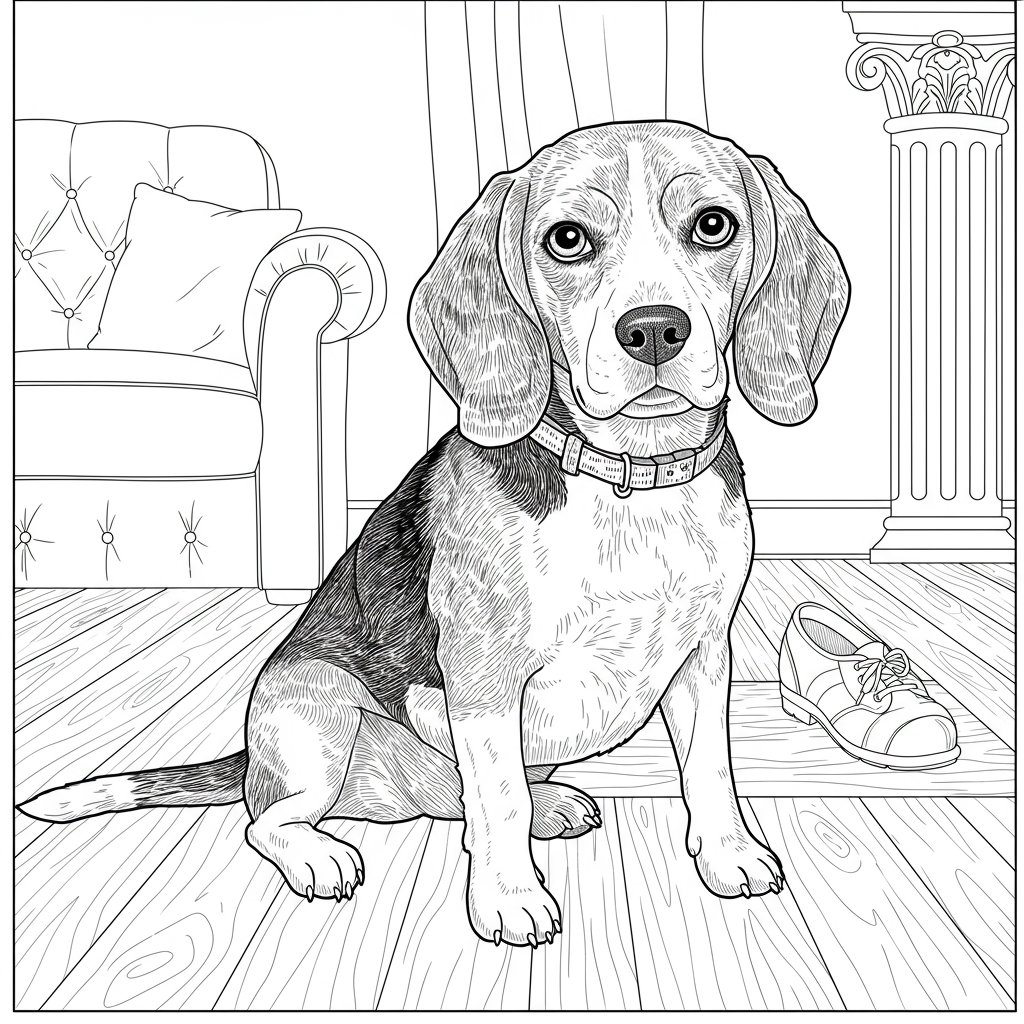 Adorable Beagle In Cozy Room Coloring app
