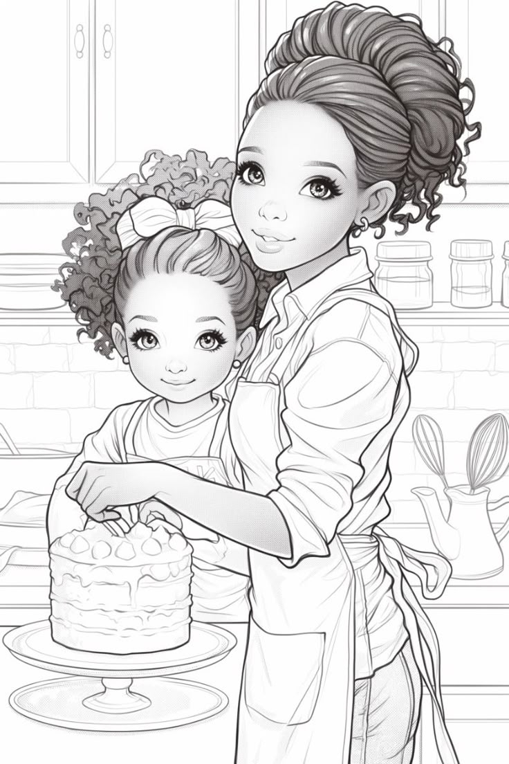African American Mother Daughter Baking Time Easy Coloring Page