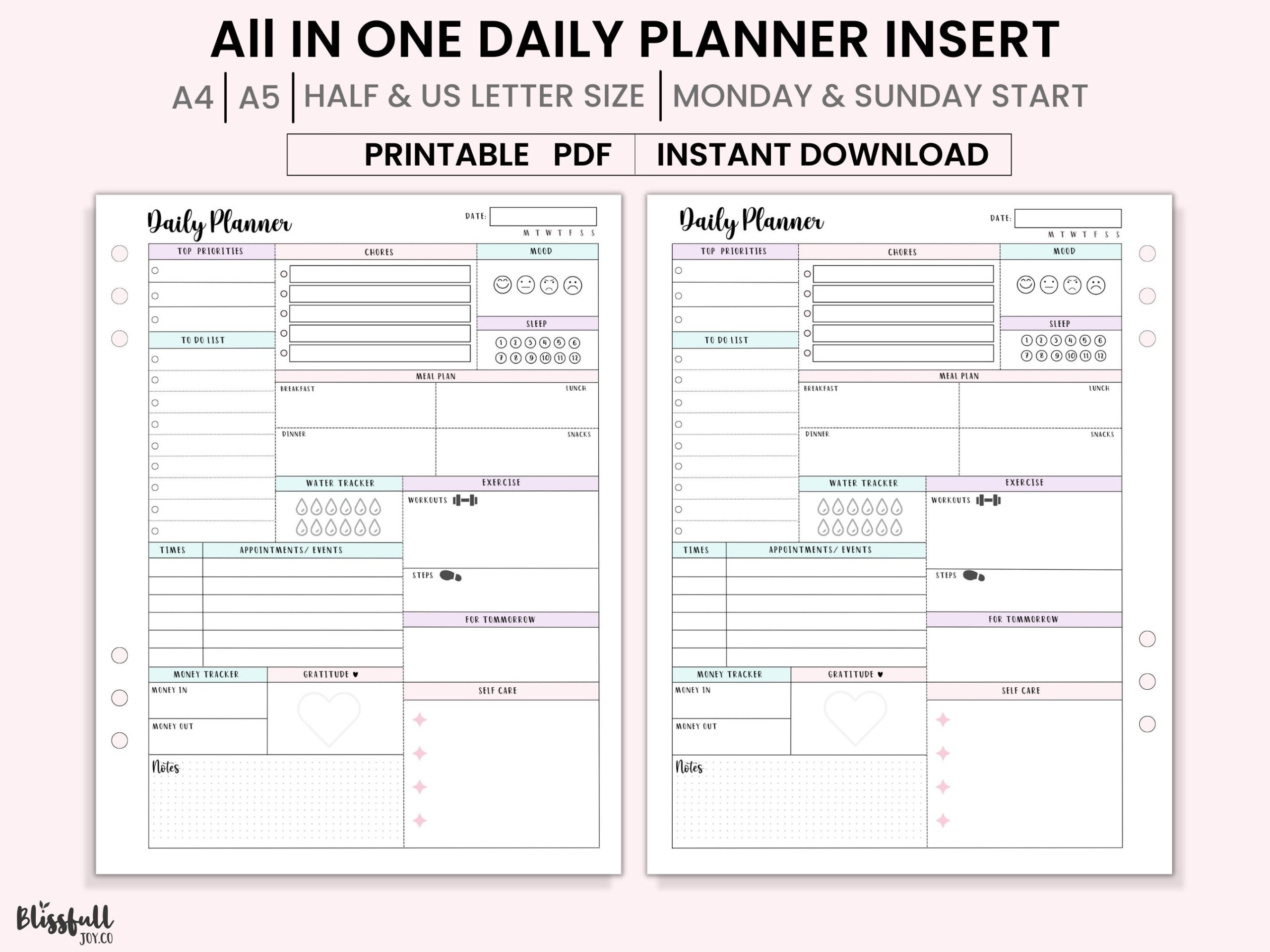 All In One Daily Planner Printable Planner Inserts Productivity Planner Daily Organizer Undated A4 A5 Half Us Letter Size PDF Etsy