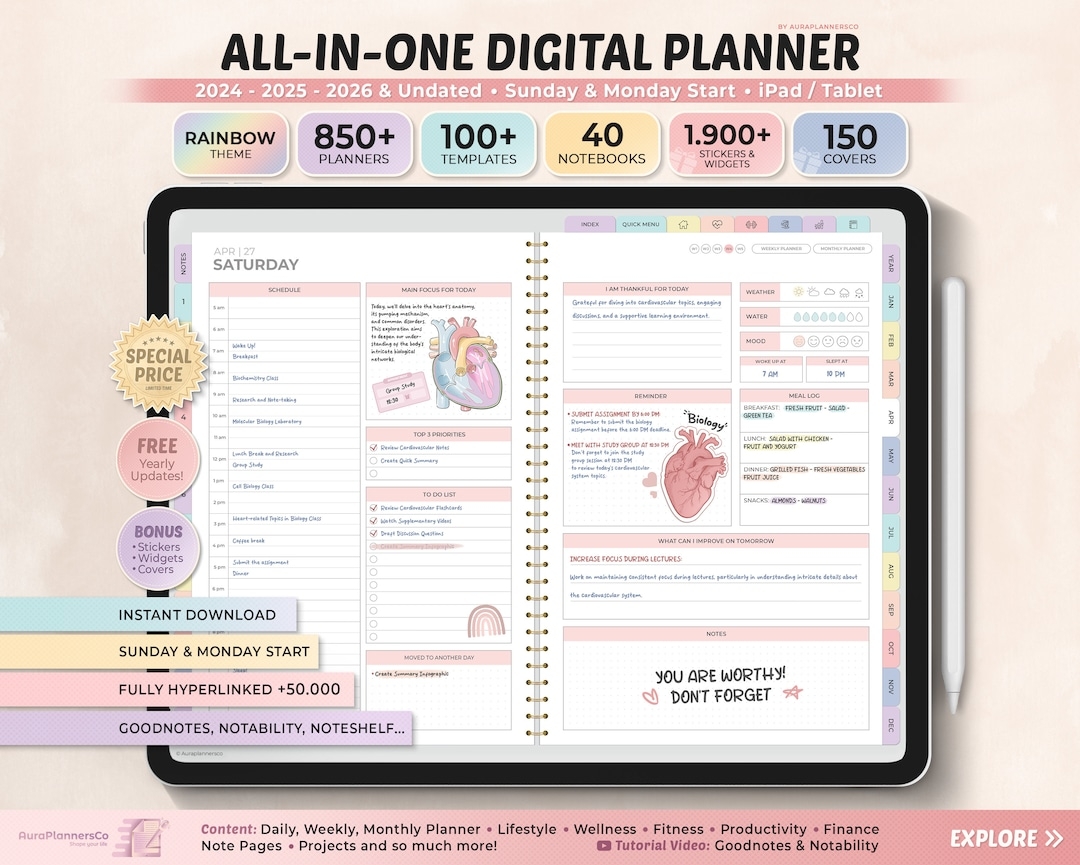 All in one Digital Planner 2026 Undated Digital Planner Digital Journal Digital Goodnotes Template Notability Daily Planner Etsy