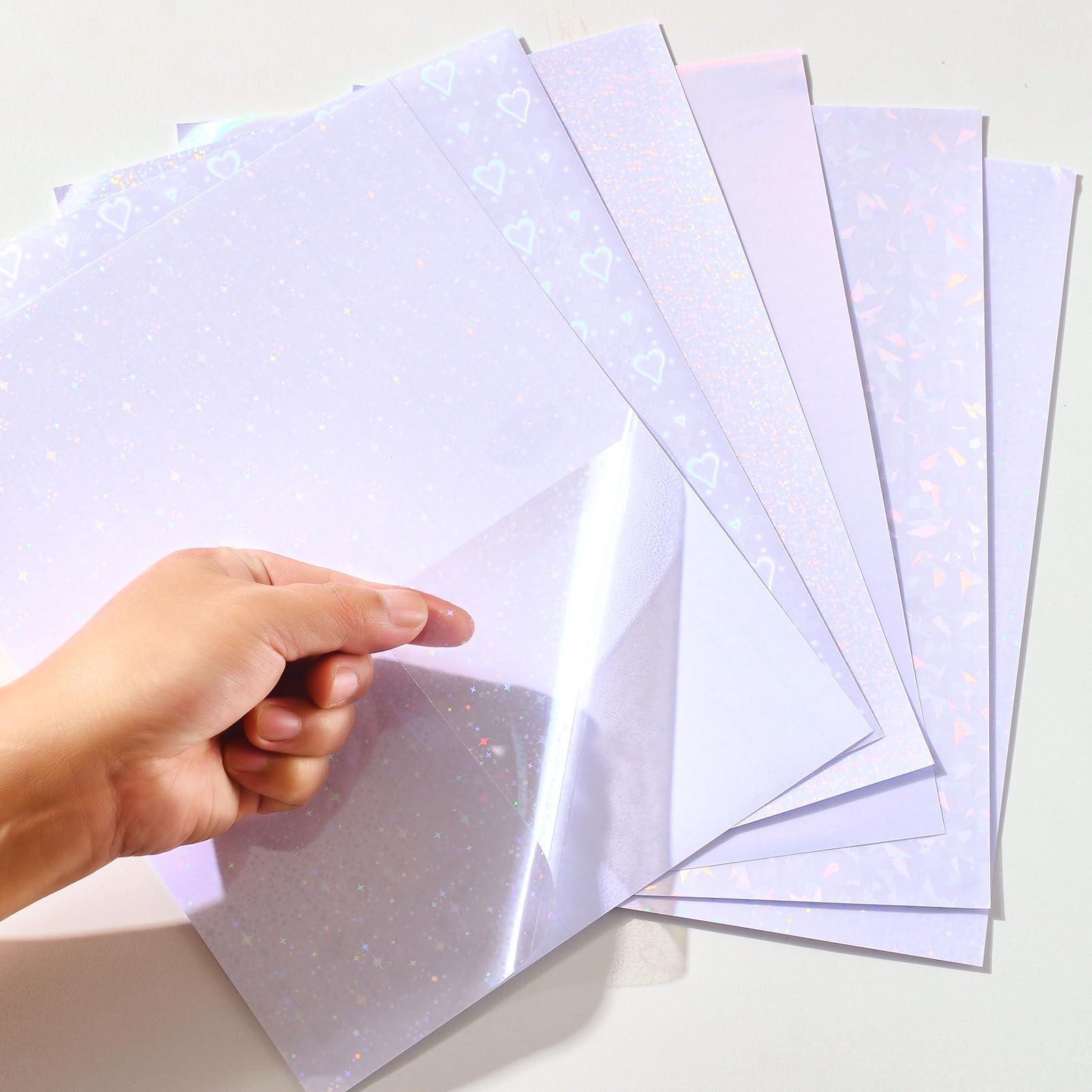 Amazon 36 Sheets Holographic Sticker Paper Clear Vinyl Lamination Sticker Film Self Adhesive Transparent Overlay Laminate Sticker Paper Waterproof Gem Dots Sand Star Rainbow Star Heart 8 5x11 Inch Arts Crafts Sewing
