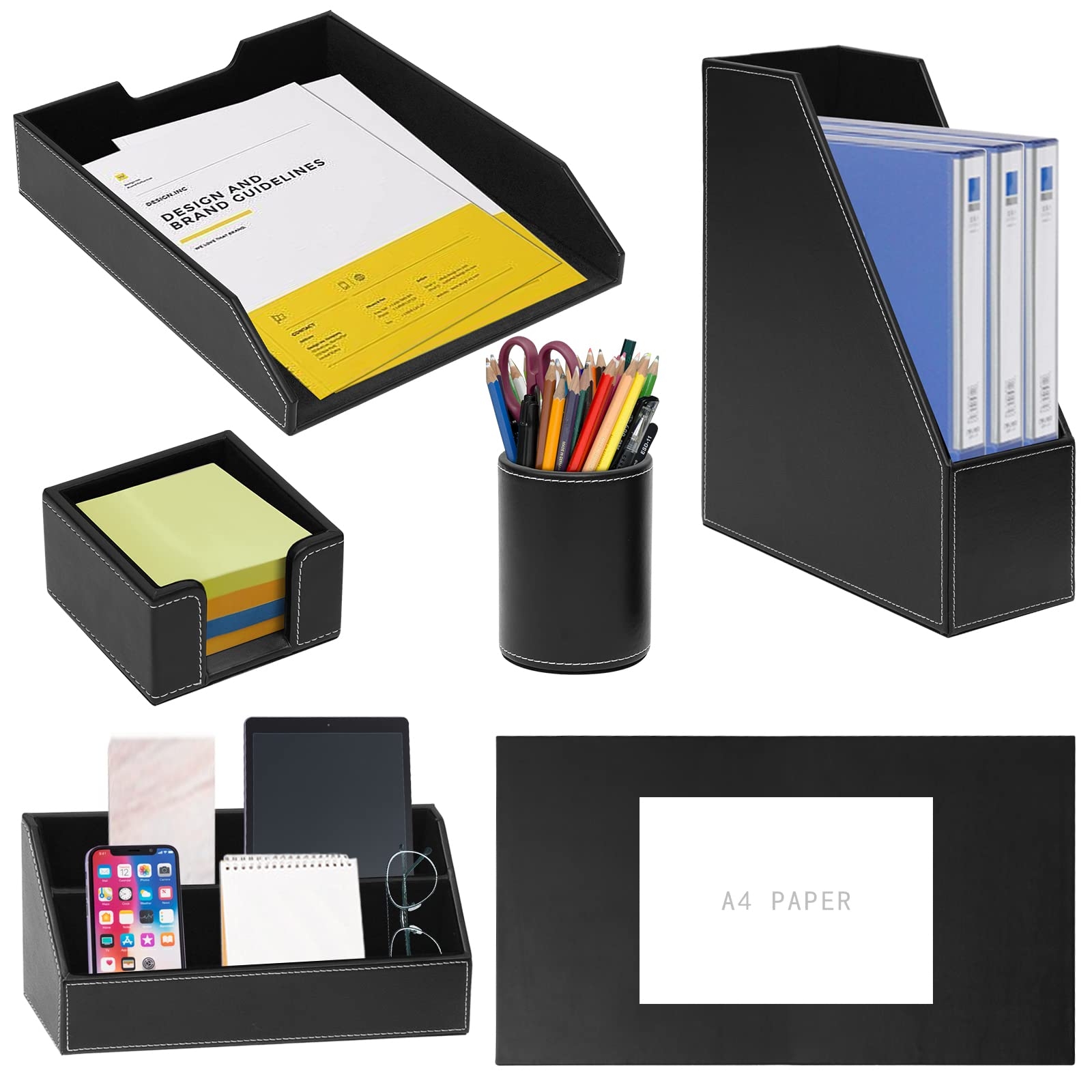 Amazon 6 Piece Office Supplies Desk Organizer Set With Desktop Leather Writing Pad File Paper Tray Magazine Folder Holder Pen Cup Sticky Note Holder Letter Mail Sorter Workspace Decor For Women Men Black Office Products