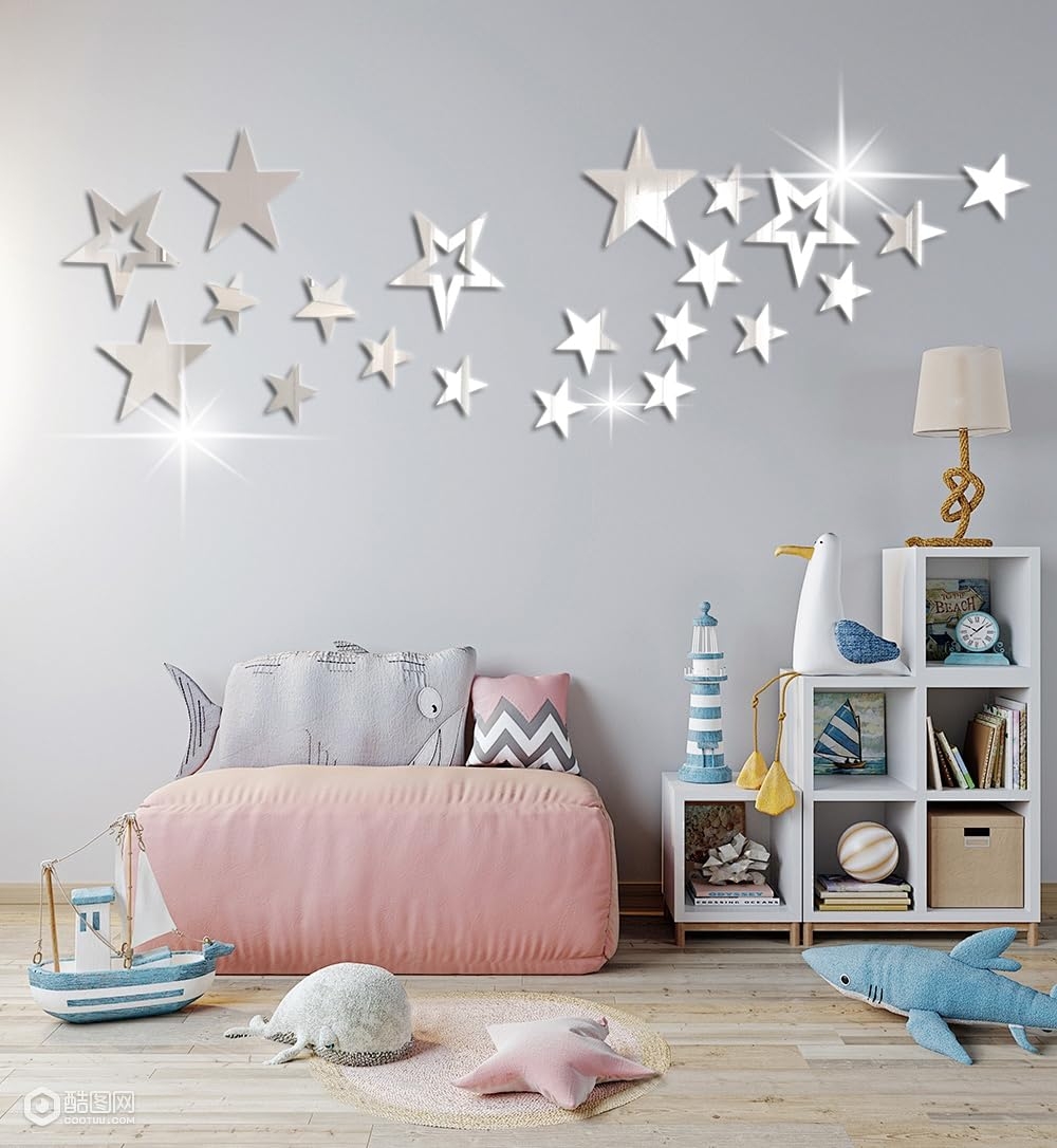 Amazon Aooyaoo 26pcs Stars Acrylic Mirror Wall Stickers 4 Sizes Silver Stars Stickers With Adhesive Art Decal 3D Wall Decorations For Baby Kids Bedroom Home DIY Decor Everything Else