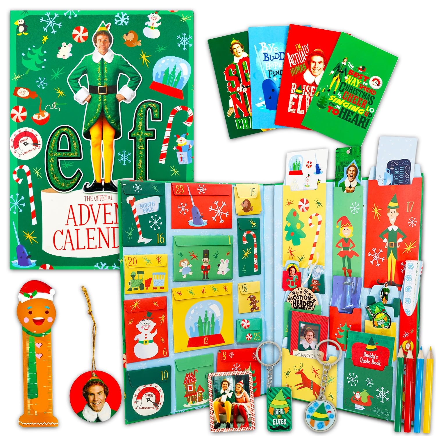 Amazon Buddy The Elf 2025 Advent Calendar Countdown To Christmas 25 Days Of Movie Trinkets Prizes Stickers Buttons Keychains More Holiday Gift Set Home Kitchen