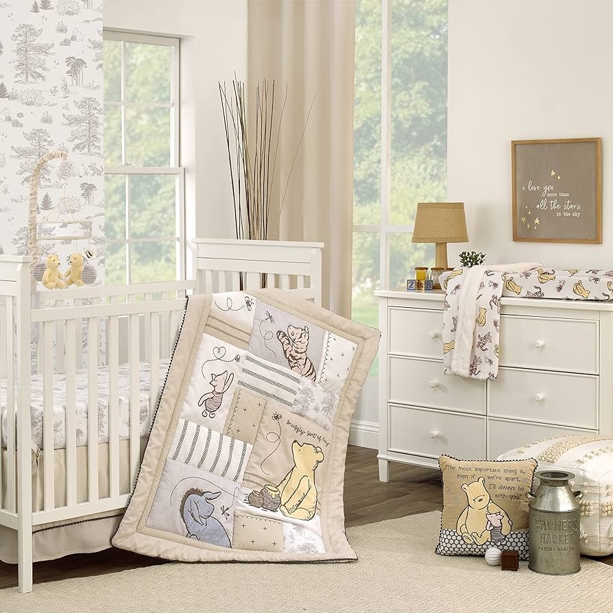 Amazon Disney Classic Pooh Hunny Fun With Piglet And Eeyore The Hundred Acre Woods Taupe 3 Piece Nursery Crib Bedding Set Comforter 100 Cotton Fitted Crib Sheet And Crib Skirt Baby