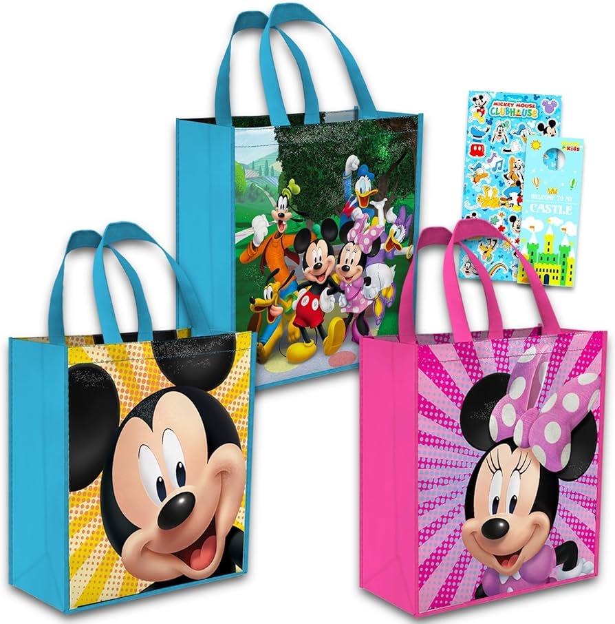Amazon Disney Mickey Minnie Mouse Tote Bag Set 3 Classic Disney Reusable Grocery Bags Travel Totes For Party Favor Supplies Plus Stickers Home Kitchen