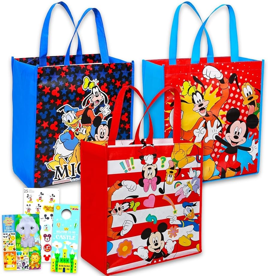 Amazon Disney Mickey Mouse Tote Bag Set Donald Duck Goofy Reusable Bag Bundle Includes 3 Totes Create A Face Sticker Book More Grocery Sack Pack
