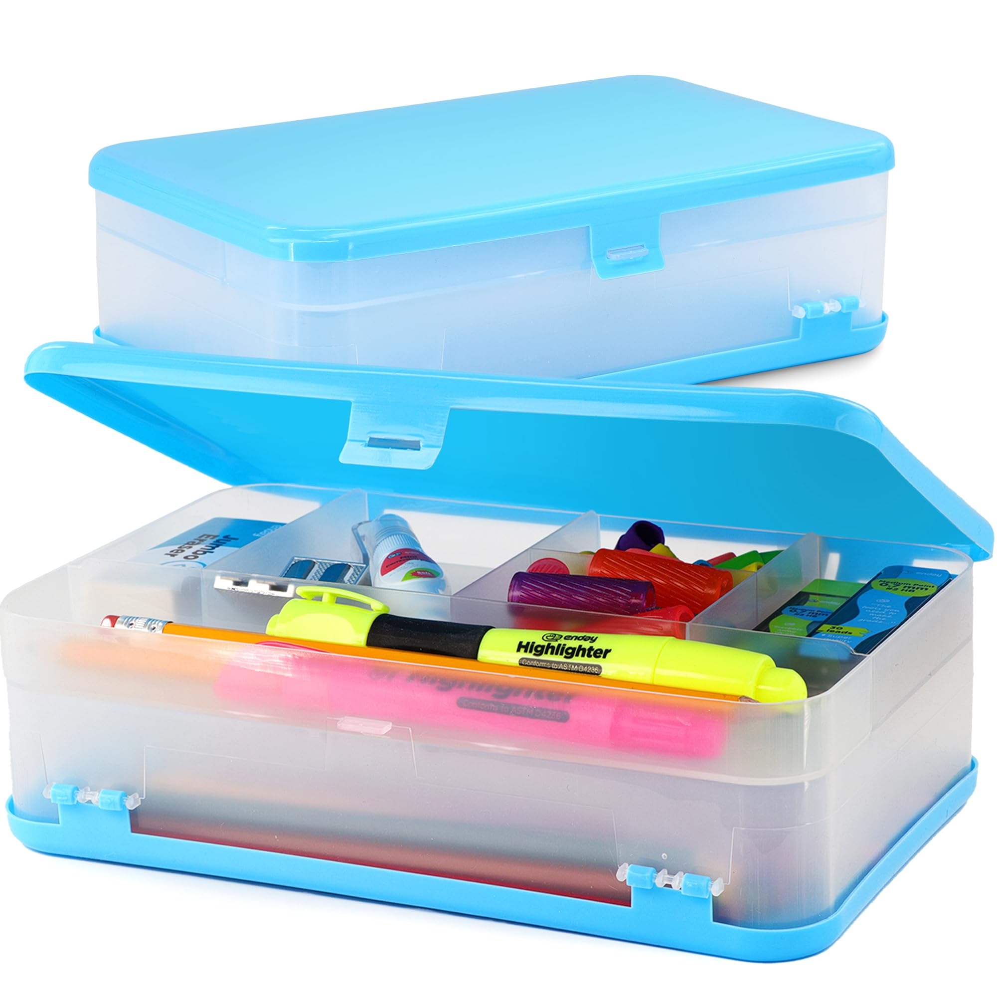 Amazon Enday Pencil Box Blue Large Capacity Plastic Double Deck Box With 12 Compartments Plastic Pencil Box With Snap Tight Lid Hard Pencil Case Storage Organizer Pencil Boxes Office Products