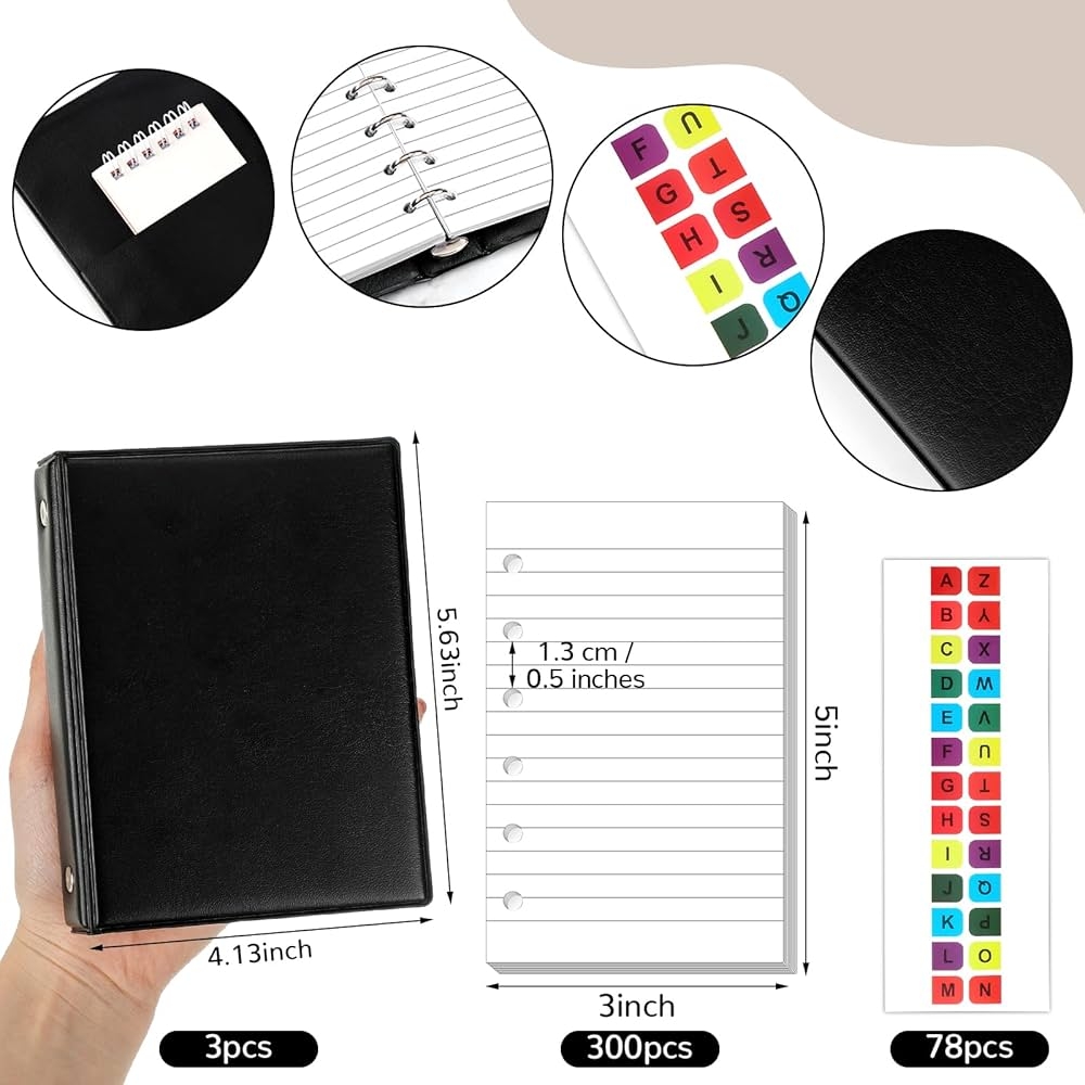 Amazon Engrowtic 3 Set Mini 6 Ring Binder 3 X 5 Inch 300 Paper Refill 78 Alphabet Dividers Small Index Tabs 3 Black PU Leather Binder Professional Ring Planner Notebook Kit Lined Office Products