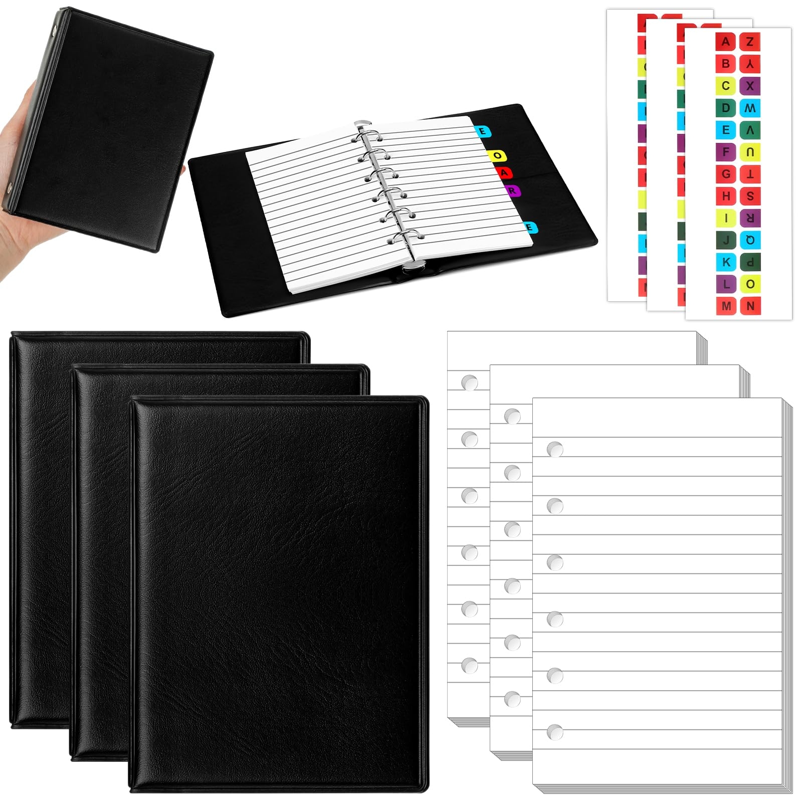 Amazon Engrowtic 3 Set Mini 6 Ring Binder 3 X 5 Inch 300 Paper Refill 78 Alphabet Dividers Small Index Tabs 3 Black PU Leather Binder Professional Ring Planner Notebook Kit Lined Office Products