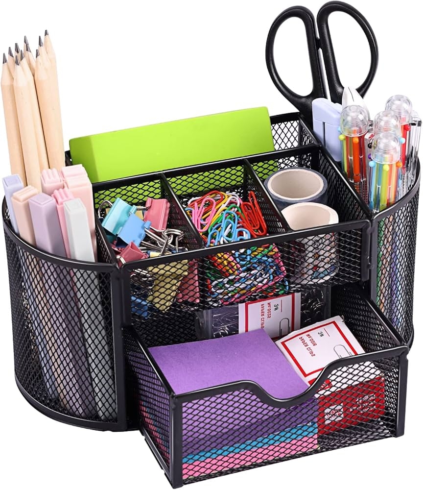 Amazon EOOUT Desk Organizer Pencil Holder For Desk Mesh Office Desk Accessories With 8 Compartments And 1 Drawer Stationery Holder School Supplies Office Products