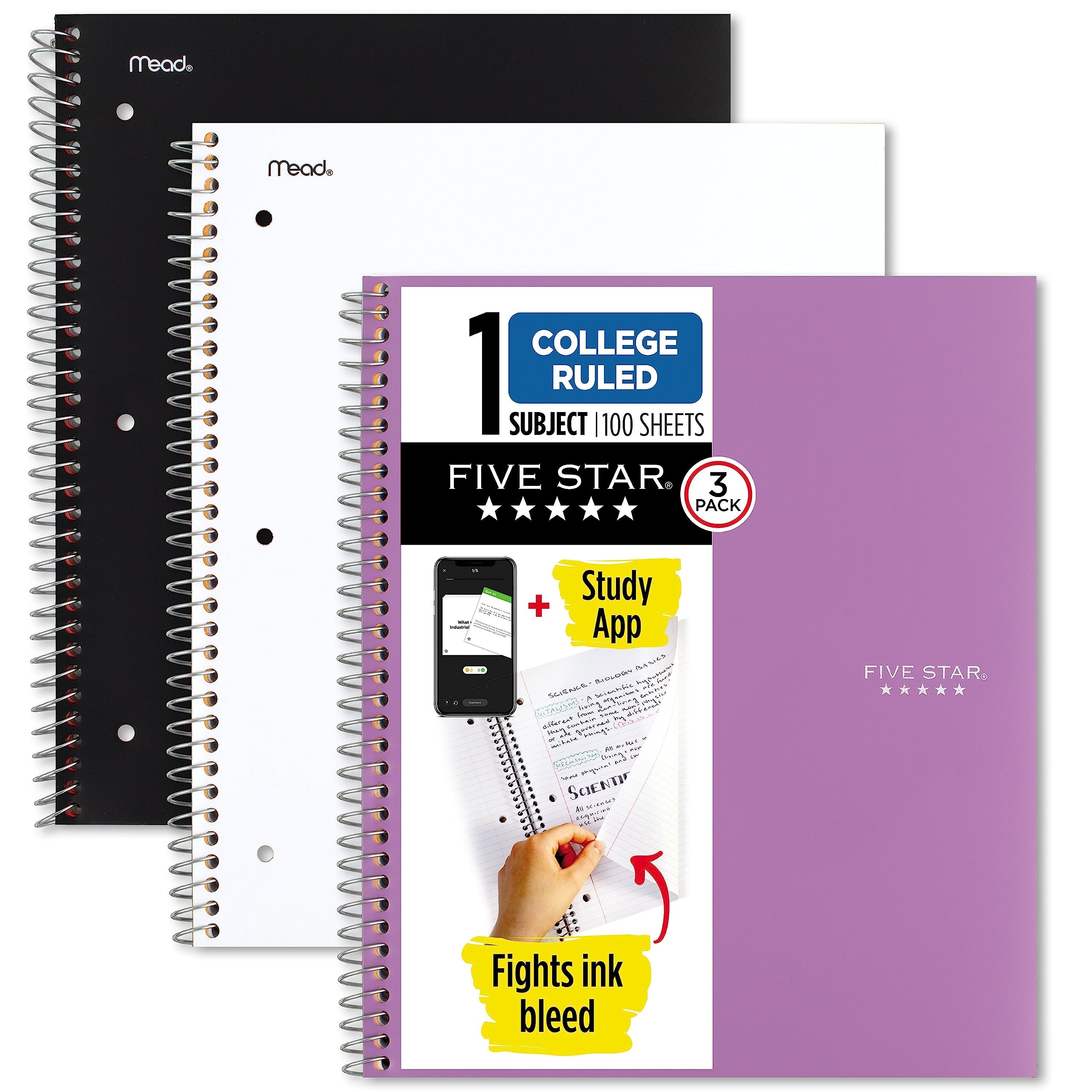 Amazon Five Star Spiral Notebooks Study App 3 Pack 1 Subject College Ruled Paper 100 Sheets 11 X 8 1 2 Black White Amethyst Purple 820188 ECM Office Products
