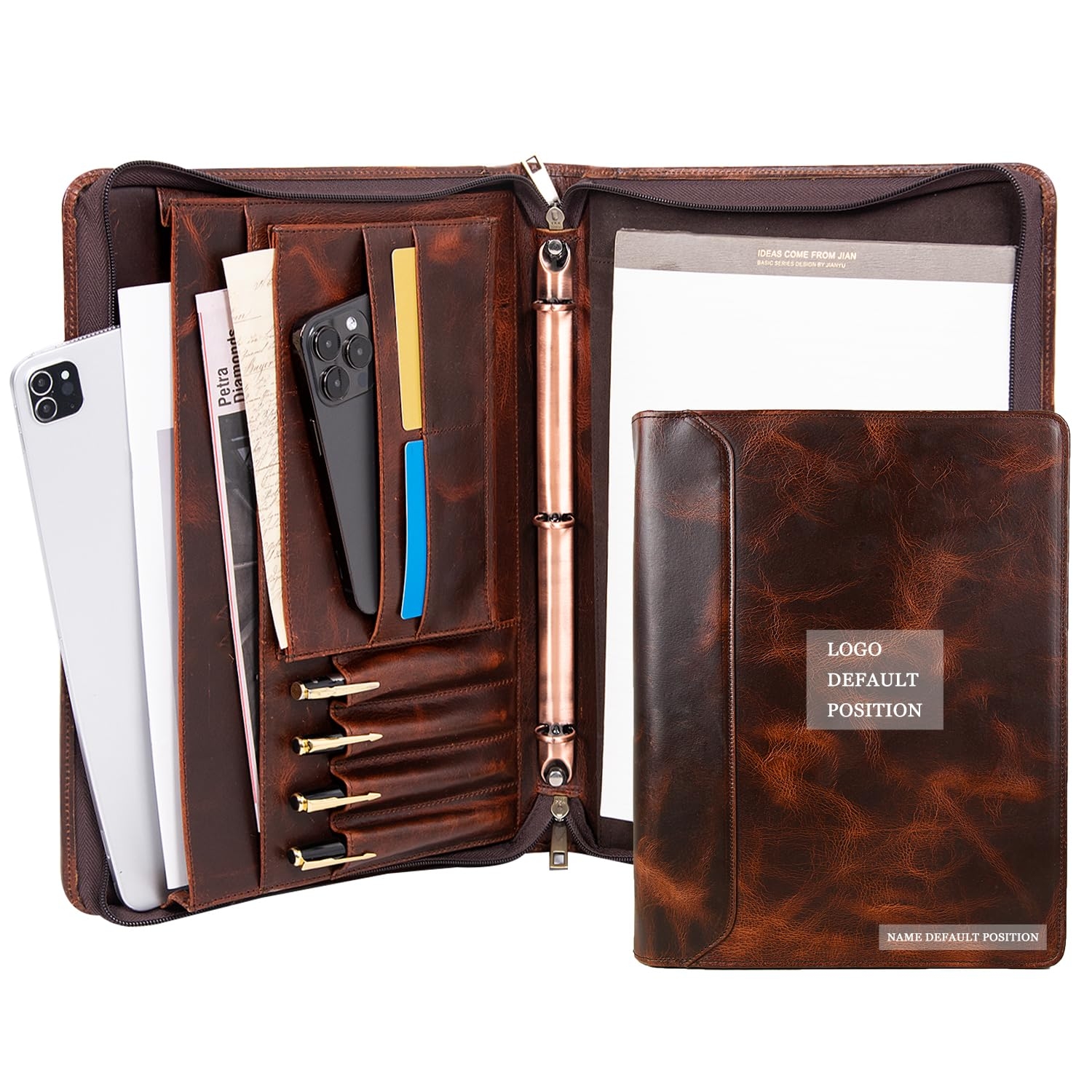 Amazon Free Engraved Name Personalized Leather Binder Portfolio Folder 3 Ring Binder Padfolio For Men Handmade Resume Zippered Padfolio For Women Business A4 Document Organizer Customized Oil Wax Office Products