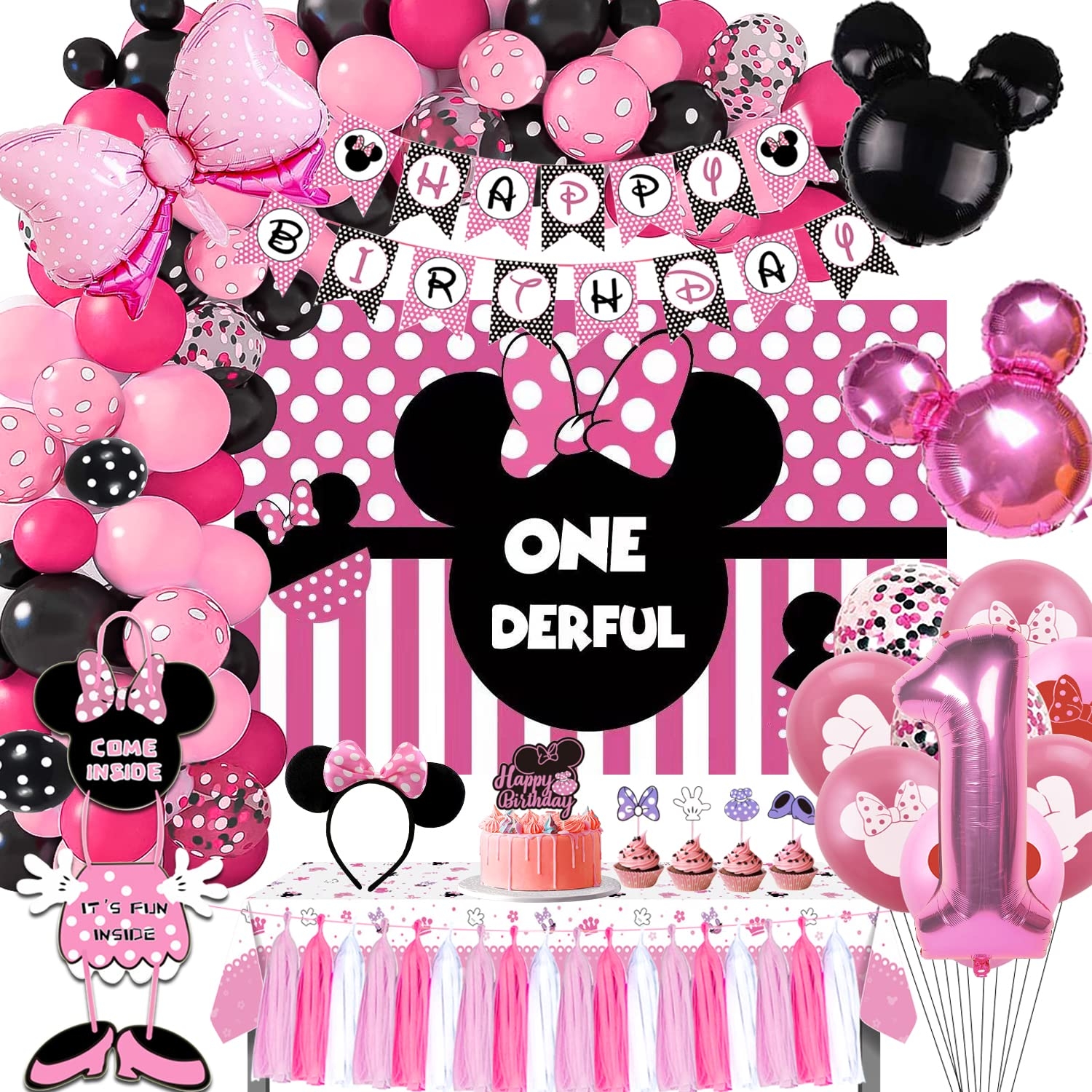 Amazon HIPEEWO Minnie 1st Birthday Party Supplies Mouse Theme Decorations Include Banner Balloons Arch Backdrop Tablecloth Headband Welcome Door Sign First Birthday Party Decor Home Kitchen