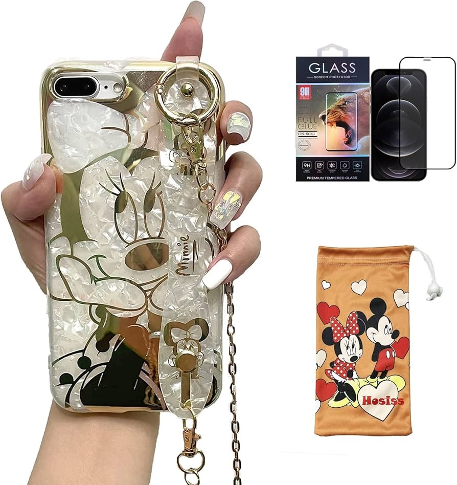 Amazon Hosiss Cartoon Case For IPhone 7 Plus 8 Plus 5 5 With HD Screen Protector Minnie Mouse With Wrist Strap Kickstand Metal Chain Strap Soft TPU Shockproof Protective For Girls Women Cell