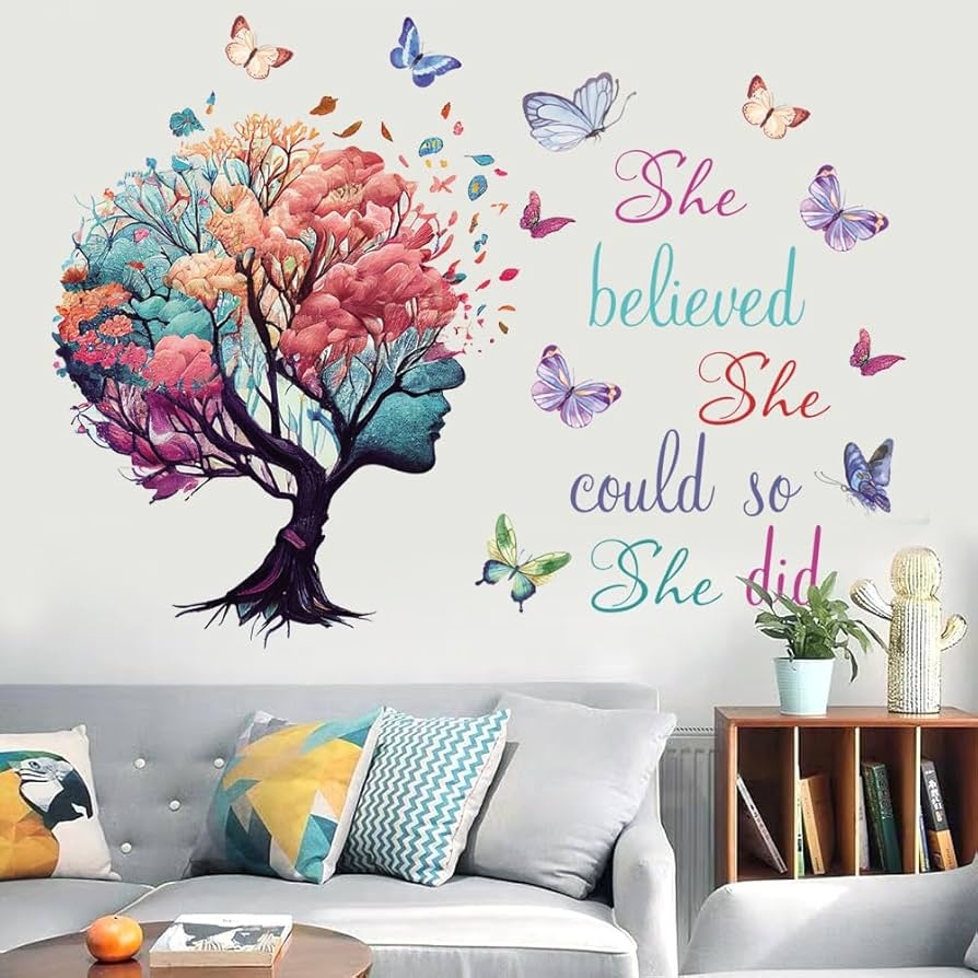 Amazon Inspirational Quotes Wall Art She Believed She Could So She Did Tree Butterfly Decal Stickers For Women Girls Bedroom Living Room Decor Tools Home Improvement
