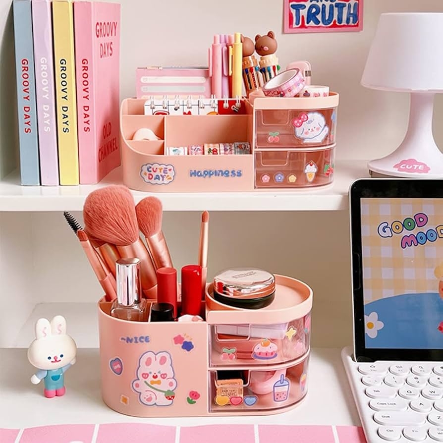 Amazon Kawaii Desk Organizer With Drawers For Teen Girls Cute Kawaii Desk Organizer With Stickers DIY Fun School Supplies Stationery Makeup Accessories Organization And Storage Dorm Bedroom 7 1x3 6x3 6 Inches Pink Office