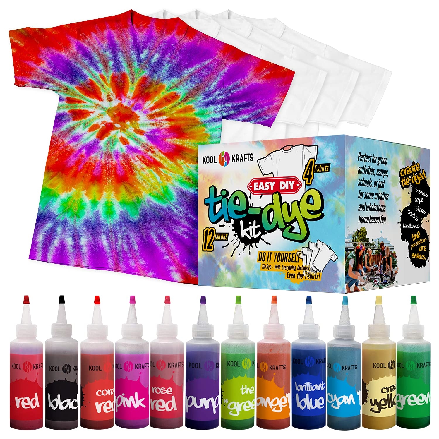 Amazon KOOL KRAFTS Tie Dye Kit All Inclusive With 12 Vibrant Colors 4 White T Shirts Perfect For Kids Adults Fun Tie Dye Party Supplies Tie Dye Kits For Children