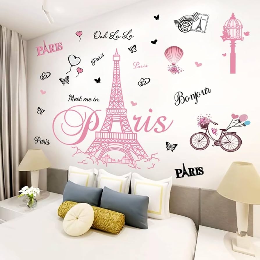 Amazon Pink Paris Wall Stickers Bicycle Hot Air Balloon Eiffel Tower Wall Decals Peel And Stick Paris Tower Decor Wall Art Sticker For Bedroom Living Room Sofa Backdrop TV Tools 