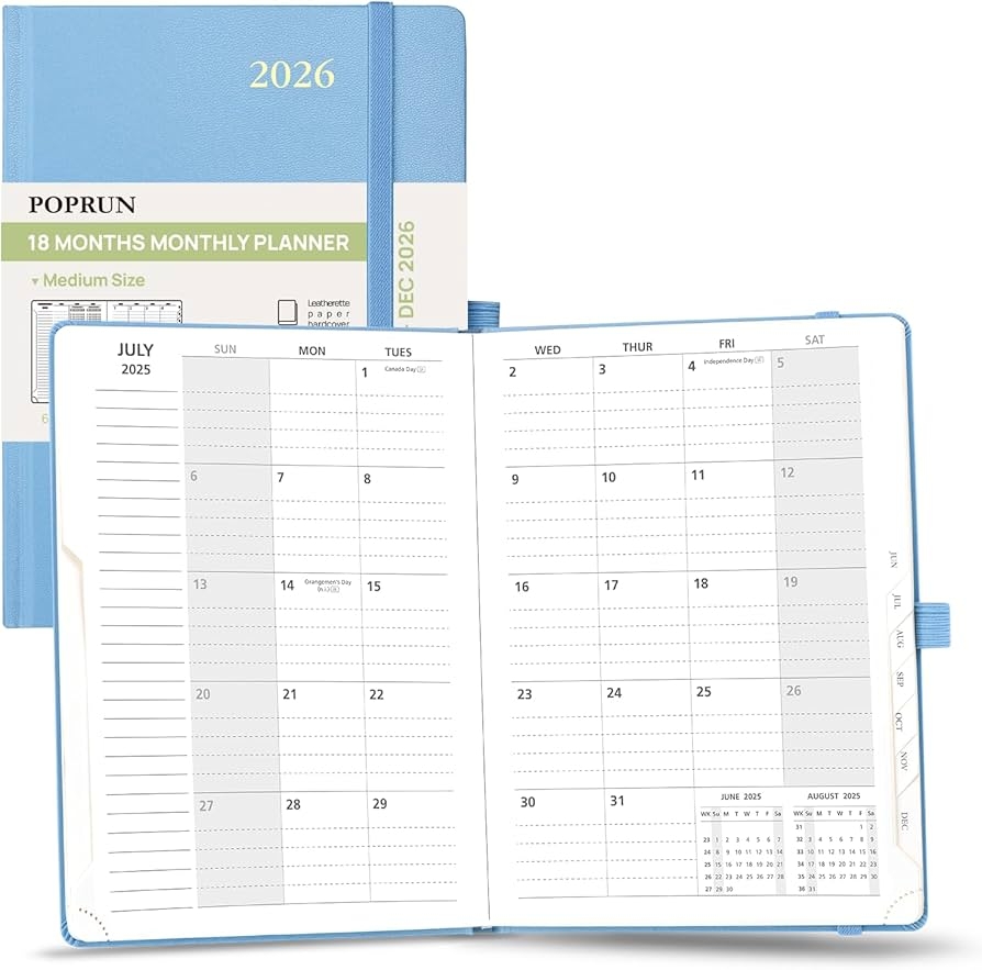 Amazon POPRUN 2025 2026 Monthly Planner A5 8 5 X 6 25 18 Month Calendar Book Jul 25 Dec 26 With Monthly Tabs Hardcover Inner Pocket 100GSM Thick Paper Haze Blue Office Products