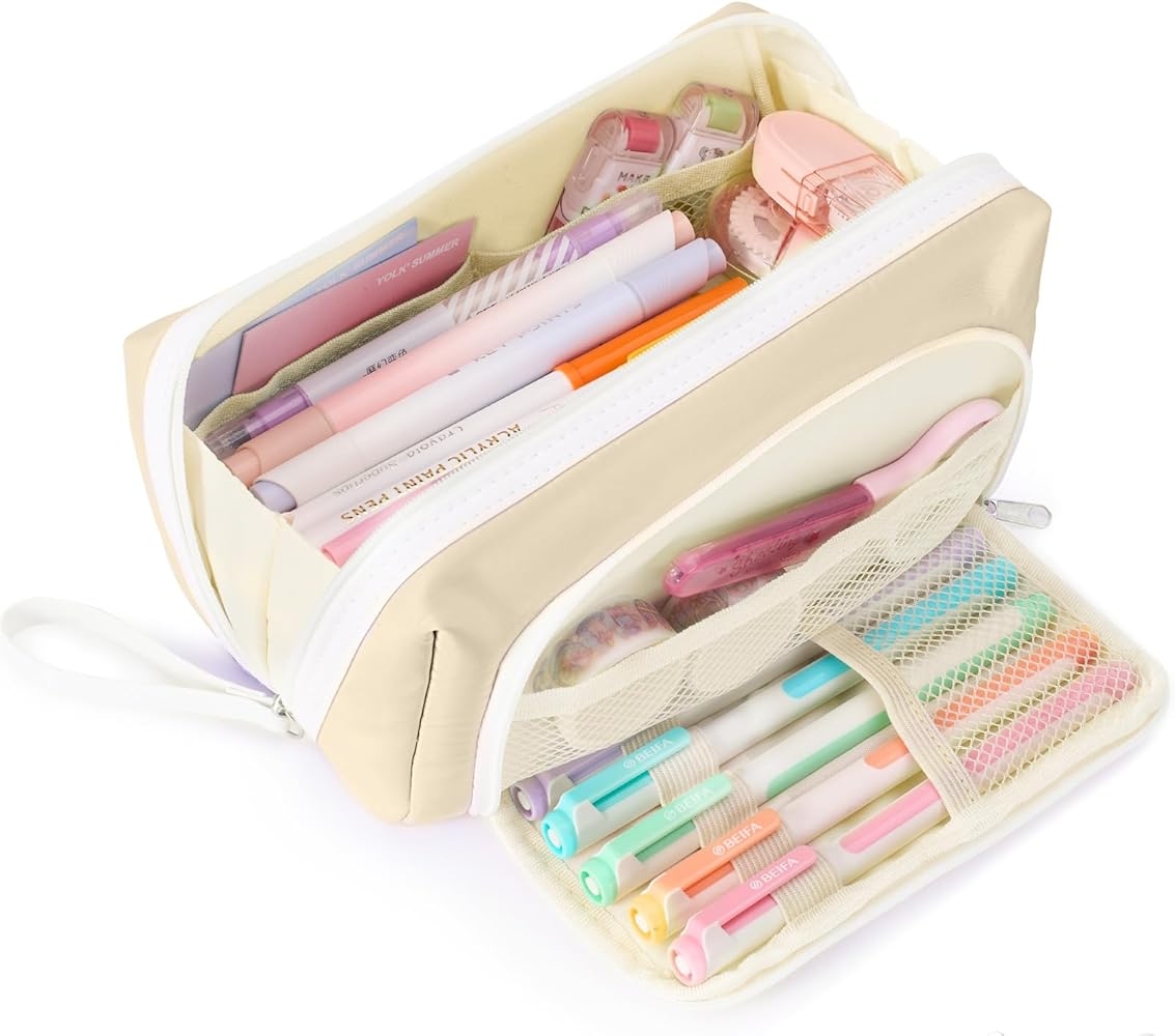 Amazon Sooez Big Capacity Pencil Case Extra Large Pencil Pouch With Zipper Pocket Wide Opening Pencil Bag Portable Stationery Organizer Cute Aesthetic School Office Supplies For Teens Girls Adults Beige Arts 