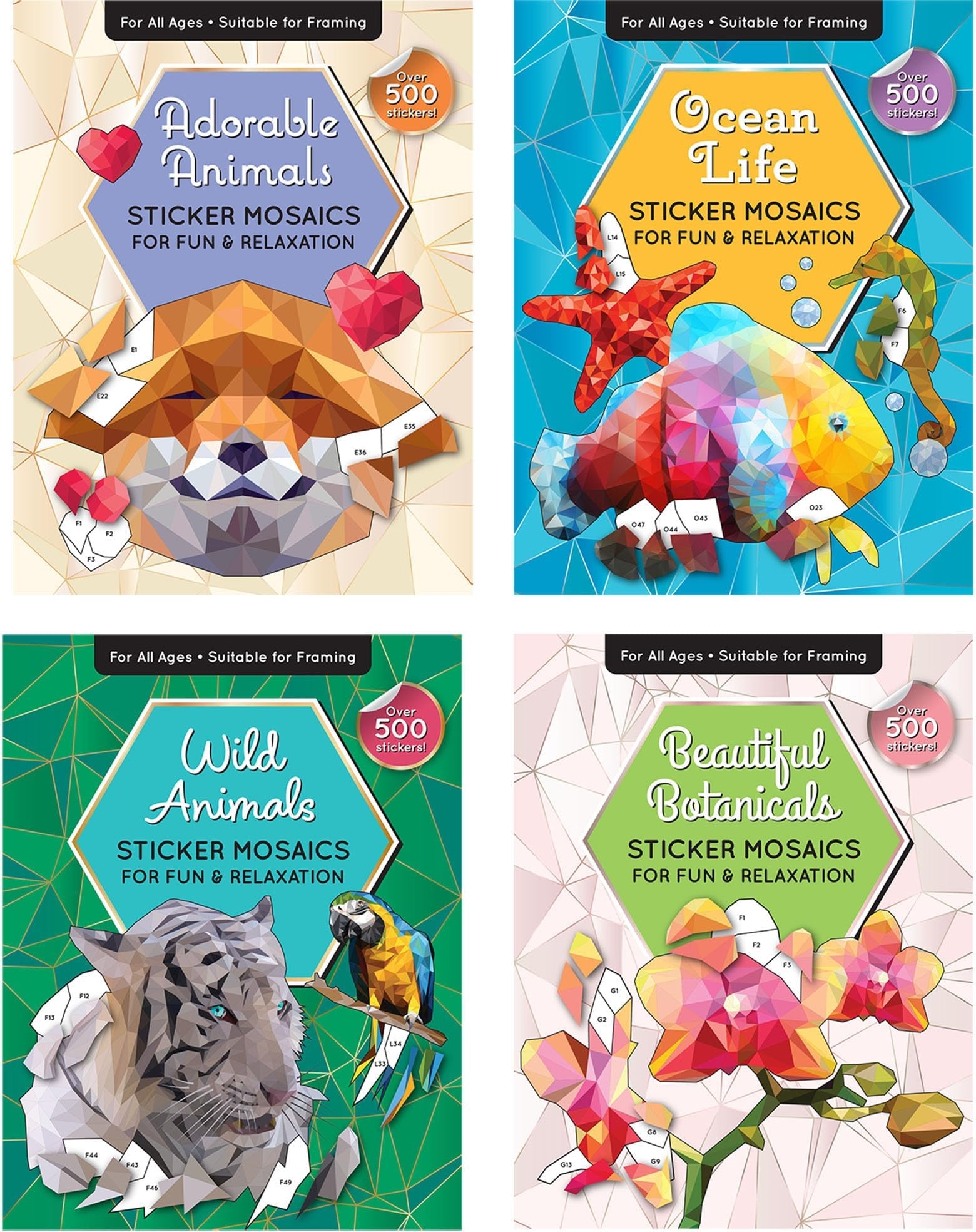 Amazon Sticker By Number Book Set For All Ages Sticker Mosaics For Fun And Relaxation Sticker Books For Adults With Tear Out Pages Featuring Animals Ocean Life And Plants Set Of 4 Books 