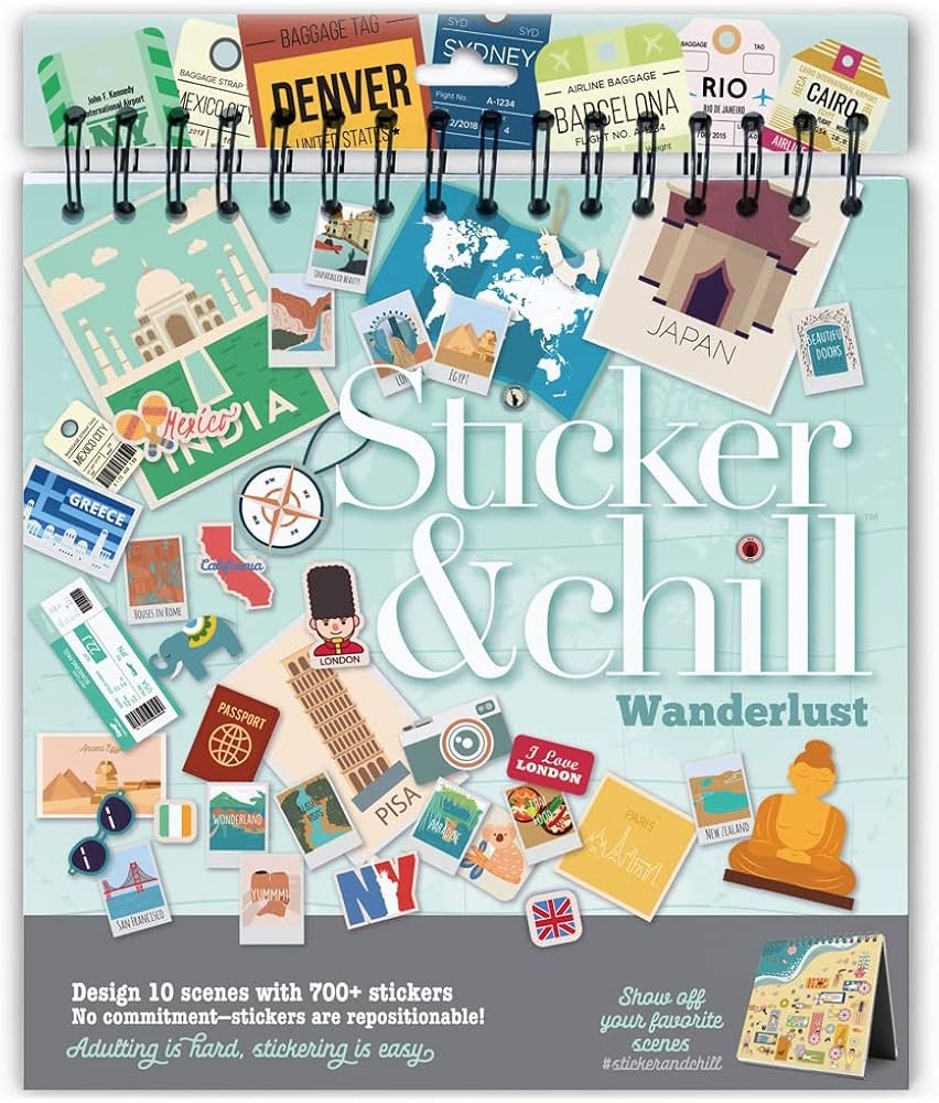 Amazon Sticker Chill Sticker Book For Adults 700 Repositionable Colorful Clings Create Designs On 10 Spiral Bound Scene Pages Easy Fun Stress Relieving Relaxation Activity Wanderlust Series Toys Games