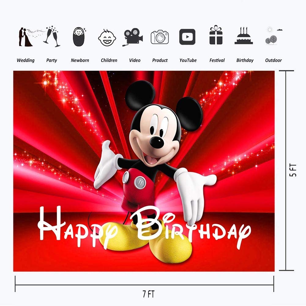 Amazon VV Backdrop Happy Birthday Mickey Mouse Theme 7x5 Vintage Black And Red Mickey Mouse Background For Kids First Birthday Vinyl Sparkly Red Backgrounds Mickey Mouse For Party Electronics