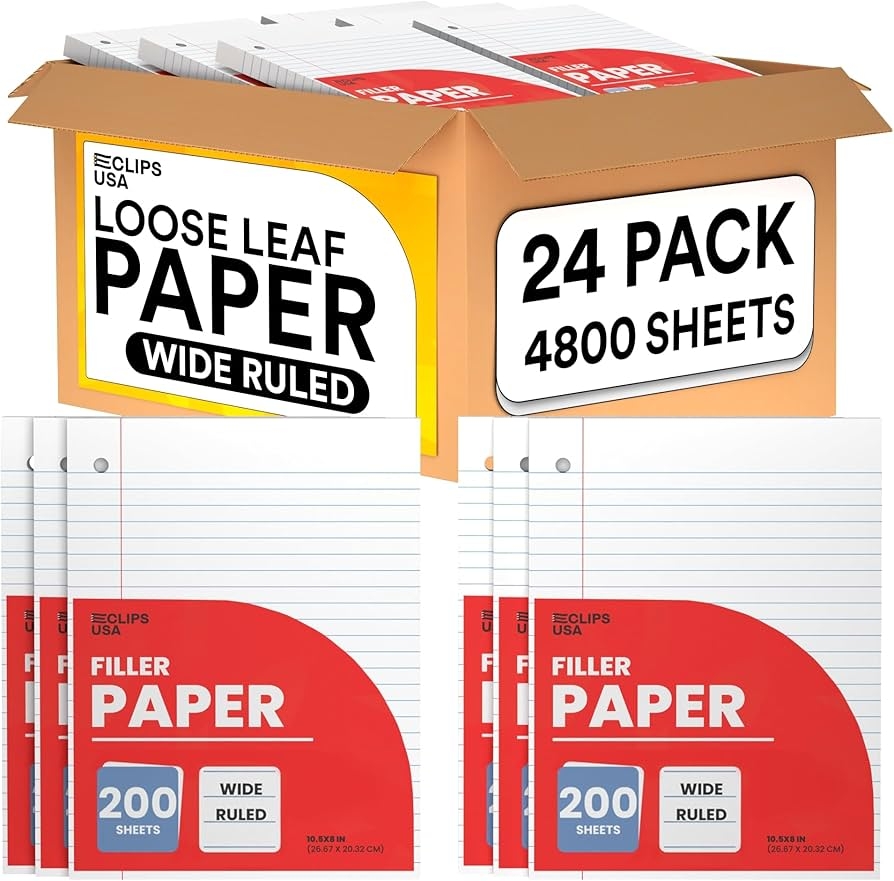 Amazon Wide Ruled Loose Leaf Paper Wide Ruled Notebook Paper Lined Writing Filler Paper 10 5 X 8 56 Gsm 4800 Sheets 200 Sheet Per Pack 24 Pack Office Products