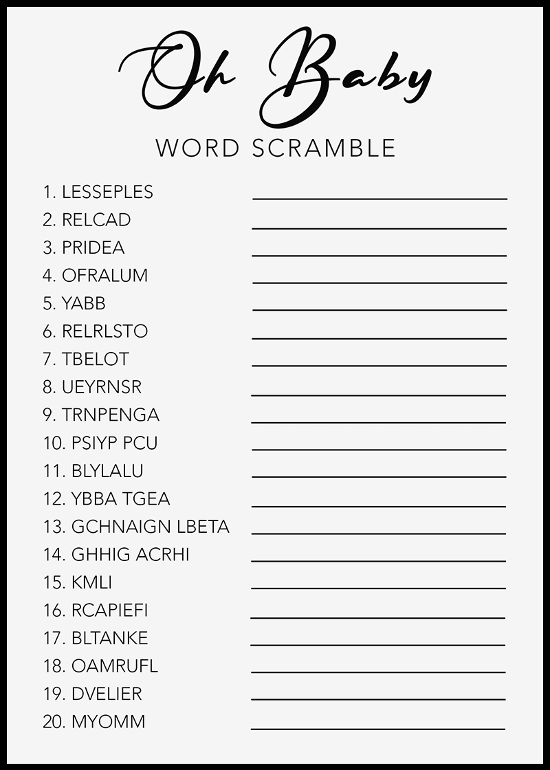 Baby Shower Games Free Printables Word Scrambles 