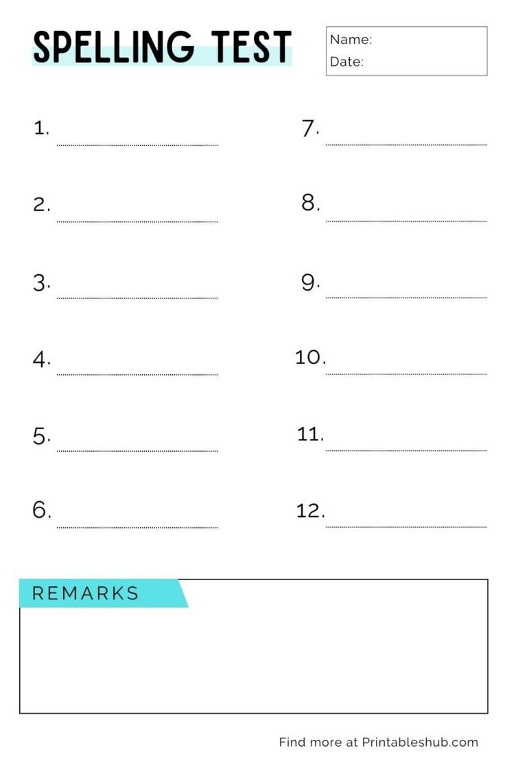 Blank Spelling Test Template 12 Words PDF