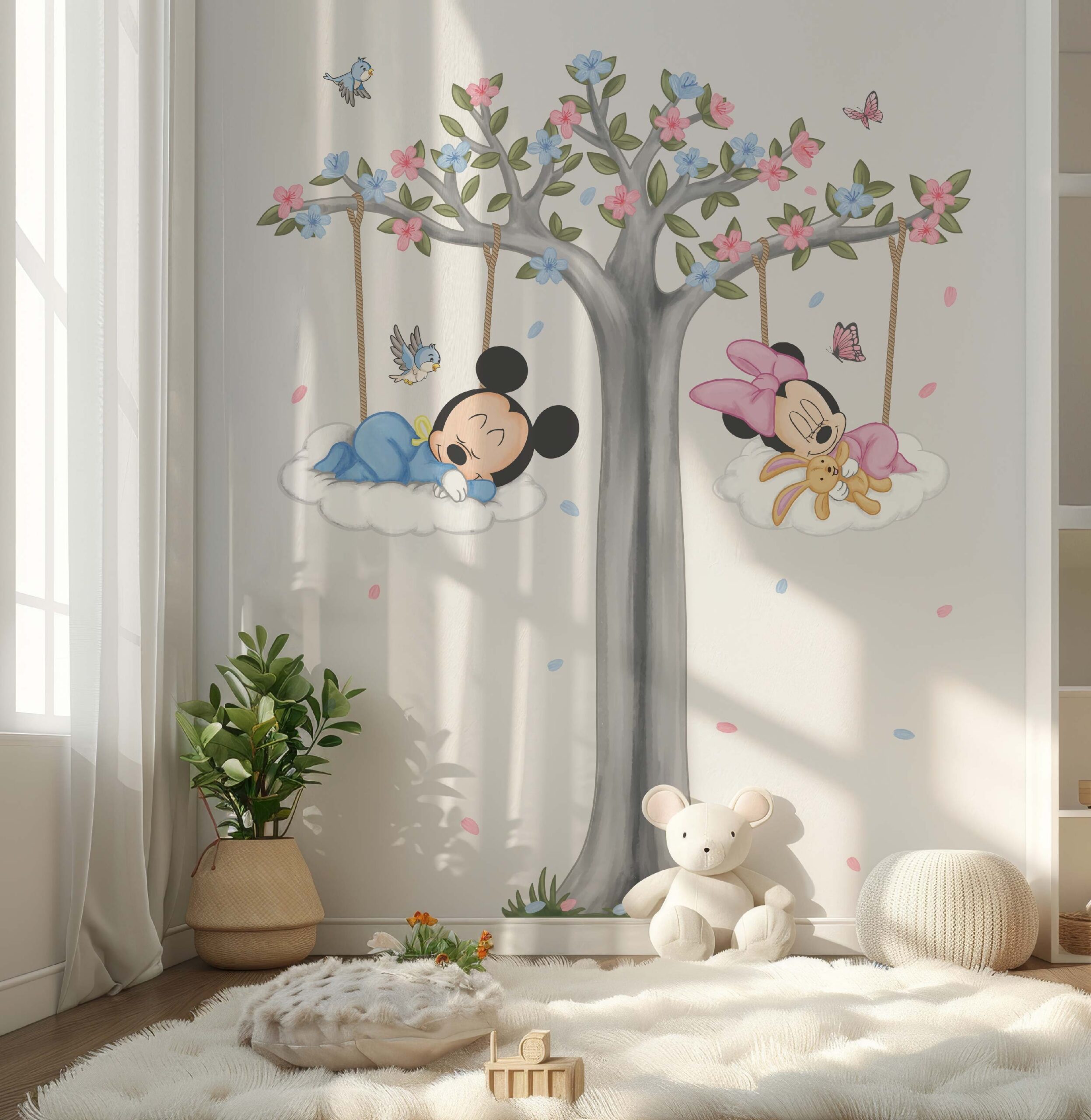 Blue Baby Mickey Mouse Wall Sticker Pink Baby Minnie Mouse Wall Decal Baby Mickey Mouse Sitting On Cloud Wall Art For Baby Room Decal Etsy