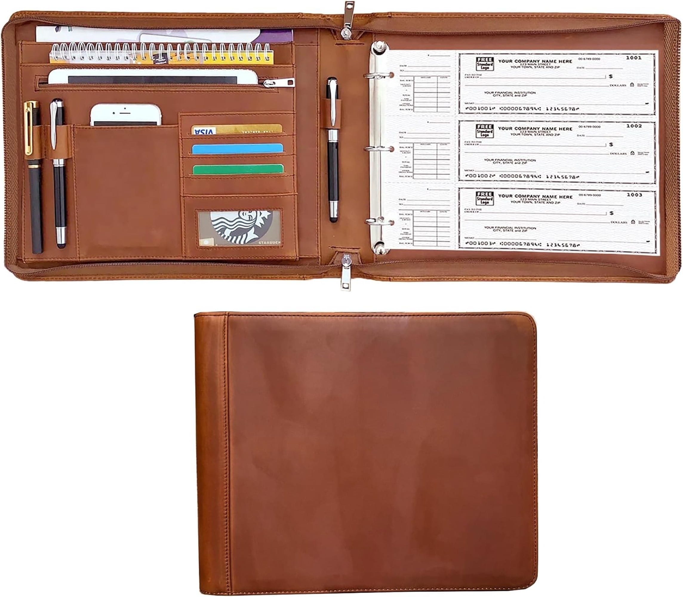 Business 3 Ring Check Binder Genuine Leather Check Book Portfolio For 3 Holes Or 9 Holes Checks Check Book Binder For 11 1 4 x9 Crazy Horse Leather Brown Walmart Business Supplies