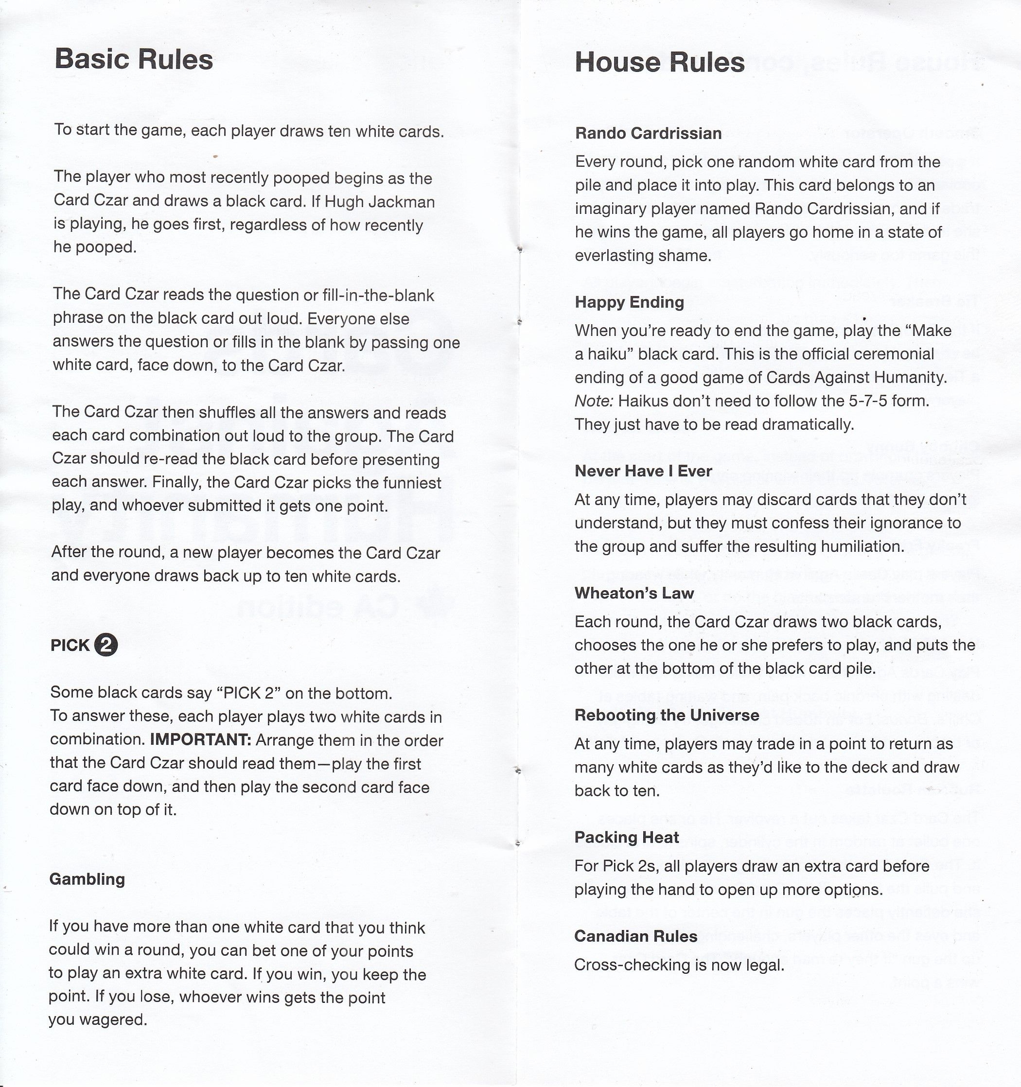 Cards Against Humanity Rules Cards Against Humanity LLC