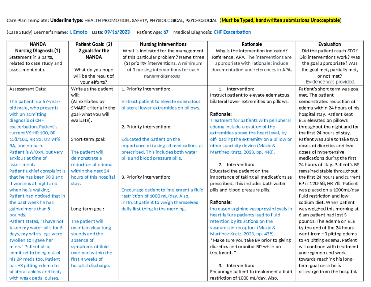 Care Plan Week 10 CHF Exacerbation Case Study Analysis Studocu