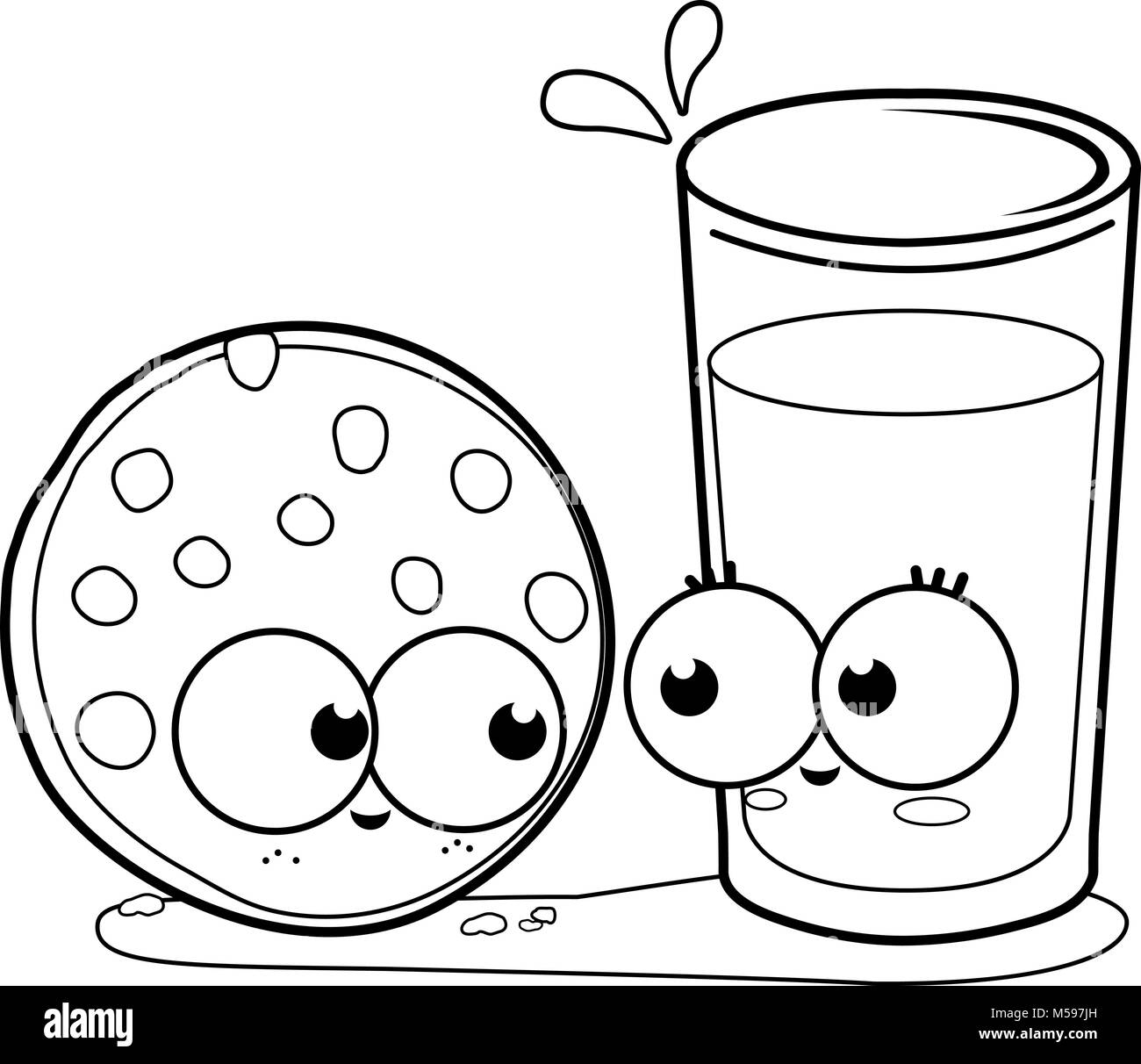 Cartoon Milk And Cookie Cute Breakfast Characters Glass Of Milk And Biscuit Vector Black And White Coloring Page Stock Vector Image Art Alamy